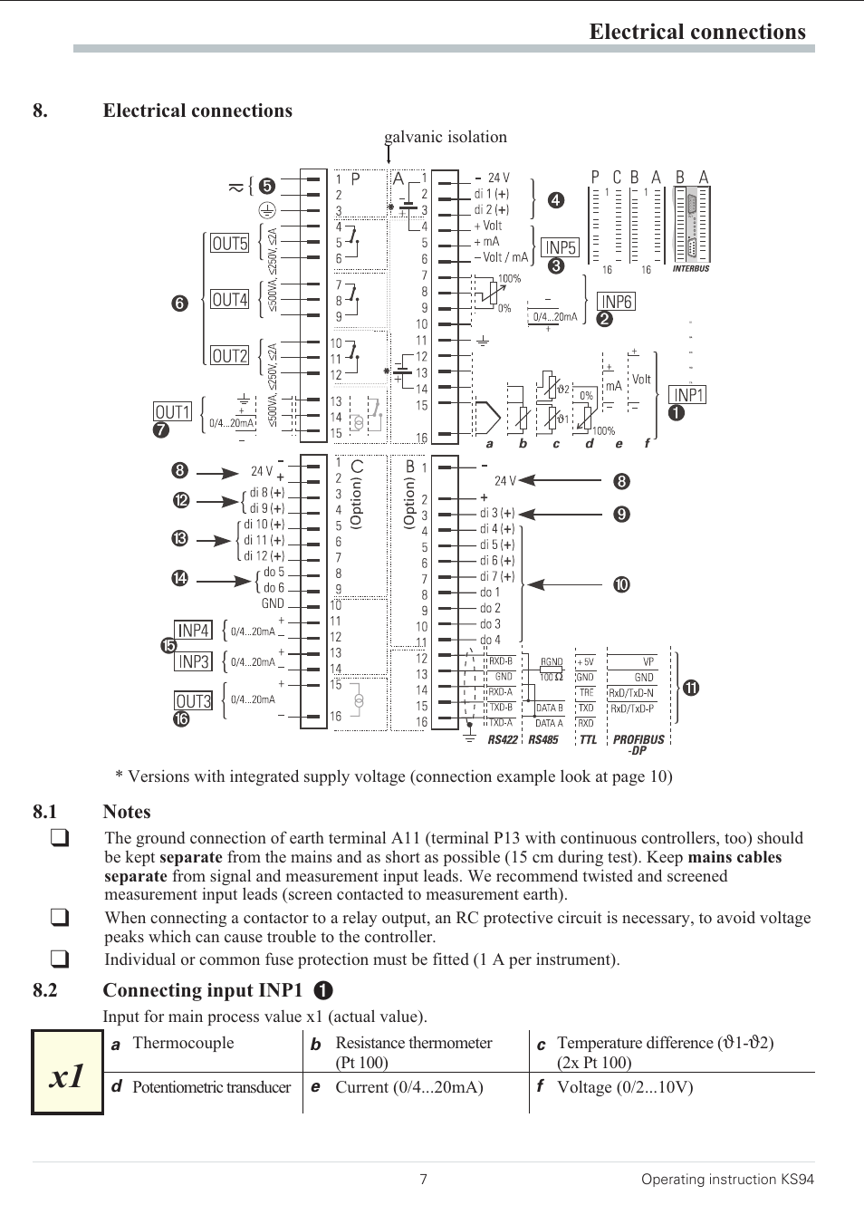 Electrical connections 7, 1 notes 7, 2 connecting input inp1 7 | Electrical connections | West Control Solutions KS 94 User Manual | Page 5 / 44