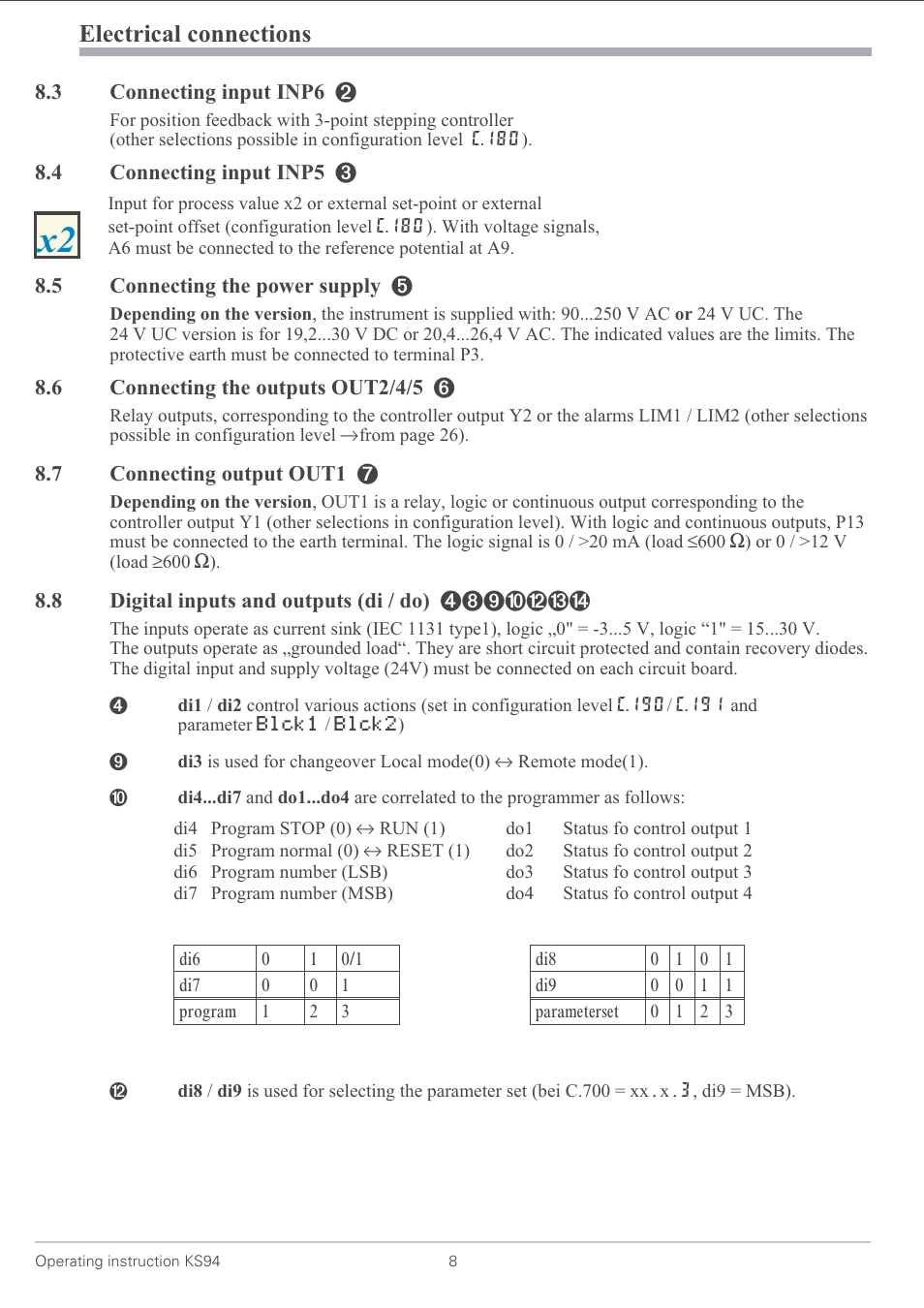 3 connecting input inp6 8, 4 connecting input inp5 8, 5 connecting the power supply 8 | 6 connecting the outputs out2/4/5 8, 7 connecting output out1 8, 8 digital inputs and outputs (di / do) 8, Electrical connections | West Control Solutions KS 94 User Manual | Page 6 / 44