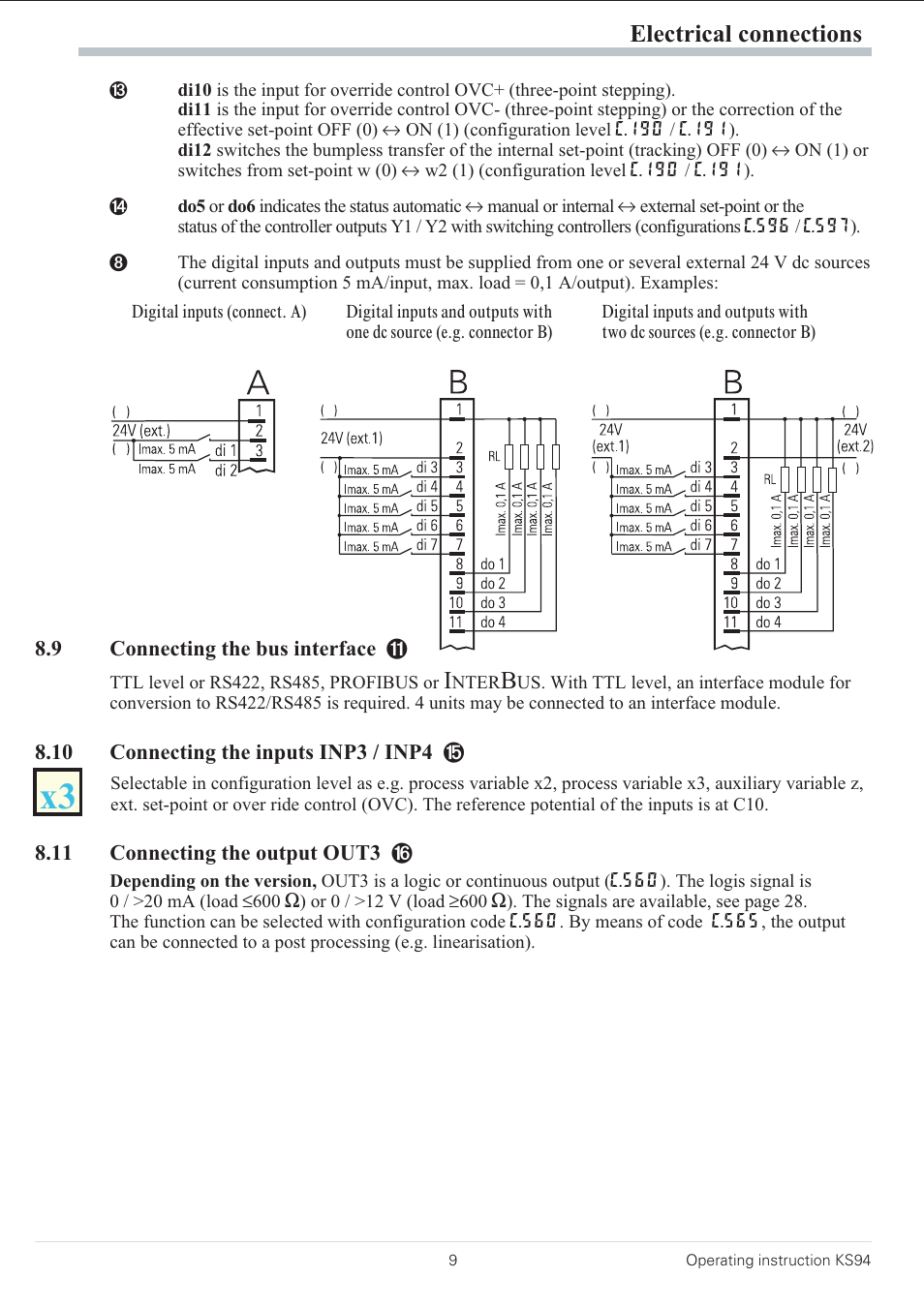 9 connecting the bus interface 9, 10 connecting the inputs inp3 / inp4 9, 11 connecting the output out3 9 | Electrical connections | West Control Solutions KS 94 User Manual | Page 7 / 44