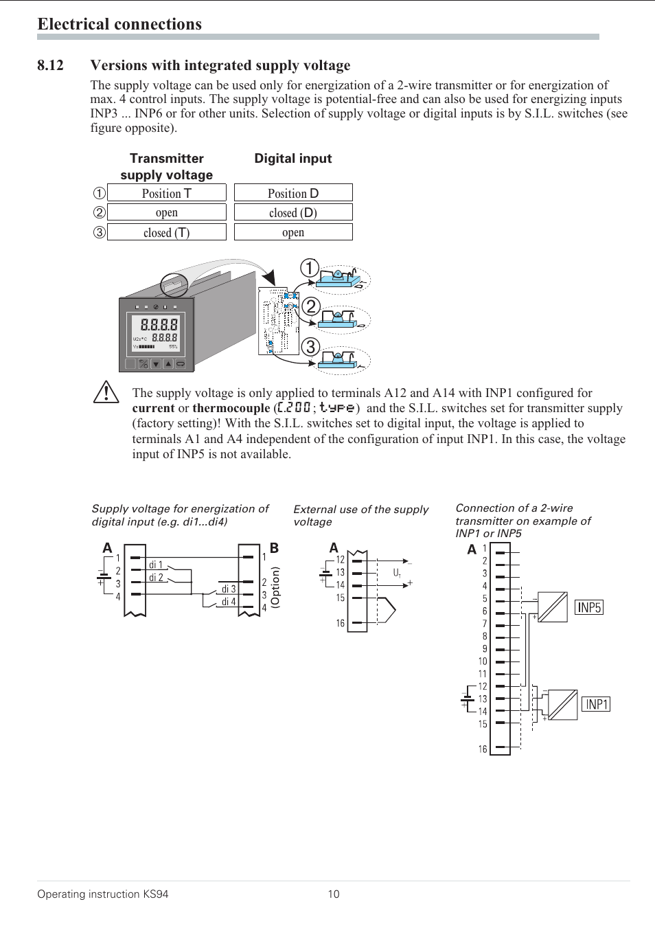 12 versions with integr. supply voltage 10, Ц* ь, Electrical connections | 12 versions with integrated supply voltage | West Control Solutions KS 94 User Manual | Page 8 / 44