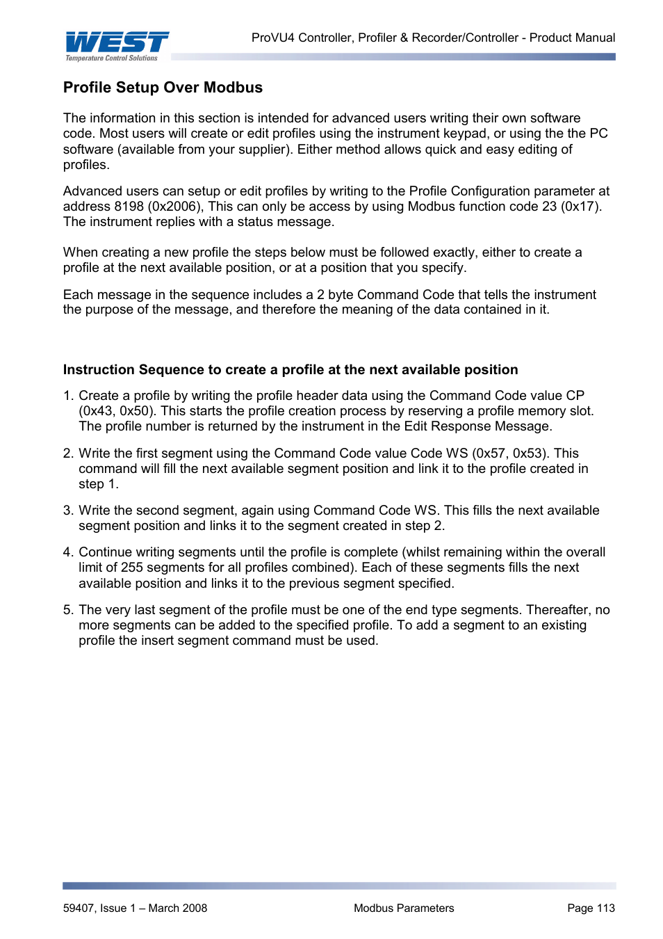 Profile setup over modbus | West Control Solutions ProVU 4 User Manual | Page 114 / 184