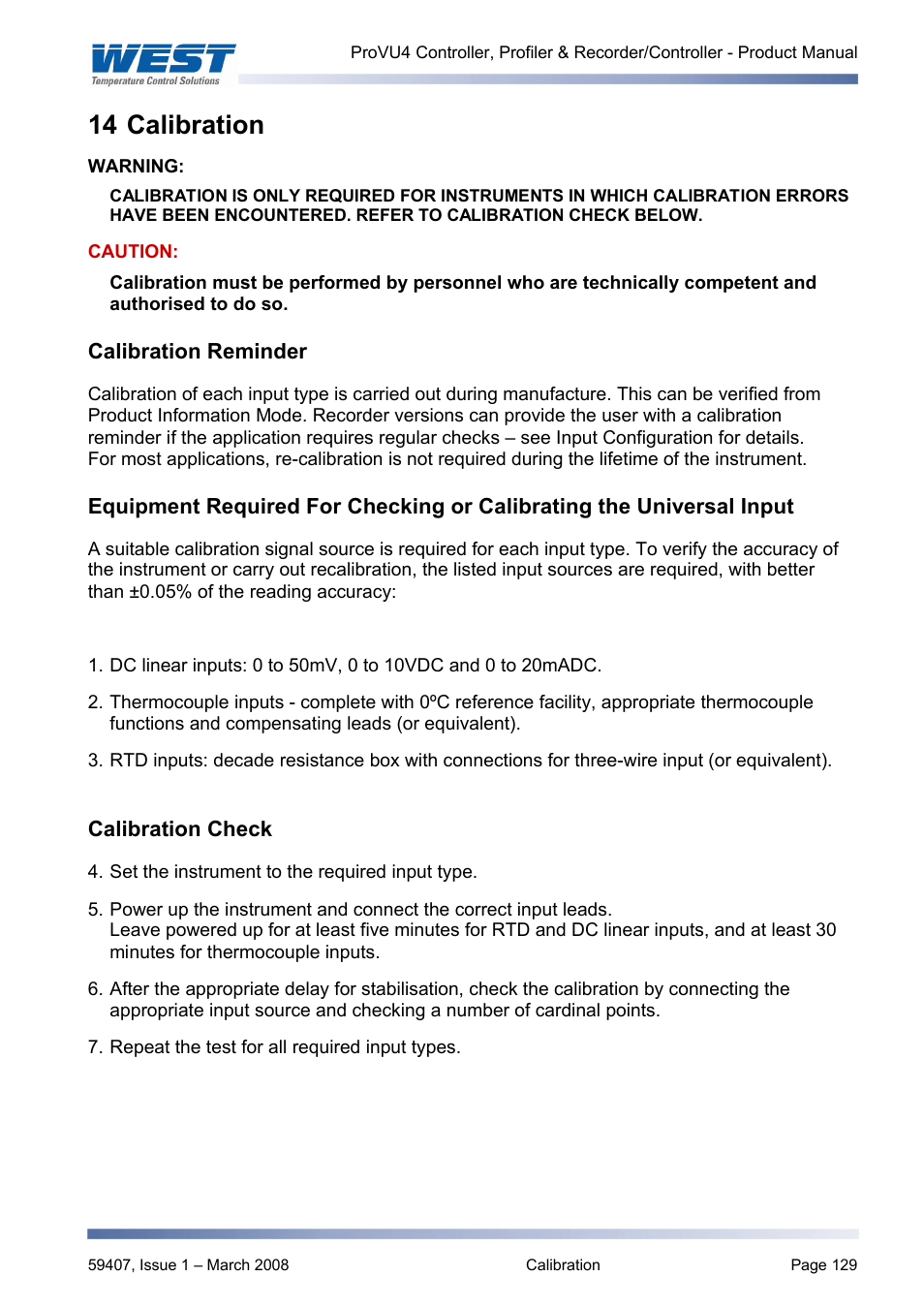Calibration, Calibration reminder, Calibration check | 14 calibration | West Control Solutions ProVU 4 User Manual | Page 130 / 184