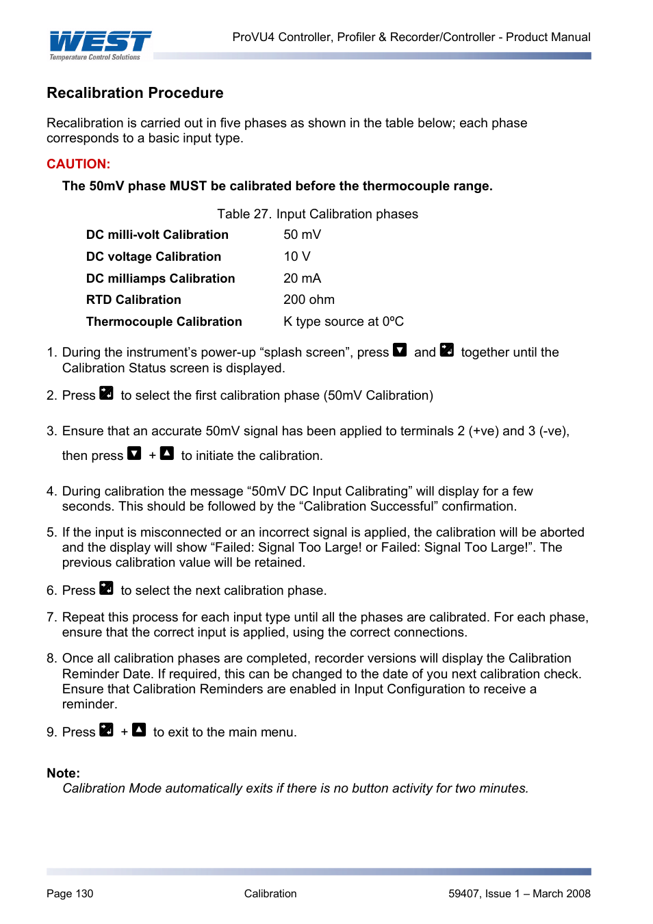 Recalibration procedure | West Control Solutions ProVU 4 User Manual | Page 131 / 184