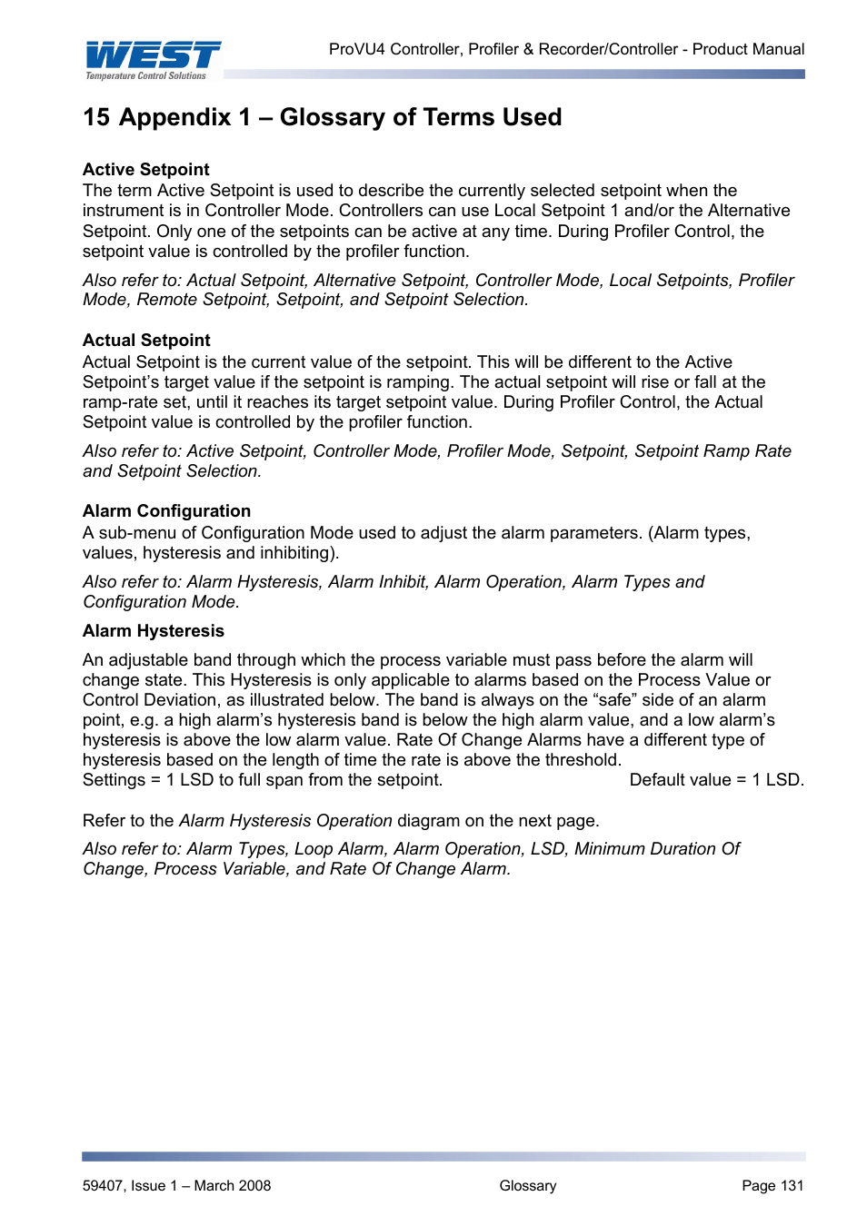 Appendix 1 – glossary of terms used, Glossary, Active setpoint | Actual setpoint, Alarm configuration, 15 appendix 1 – glossary of terms used | West Control Solutions ProVU 4 User Manual | Page 132 / 184