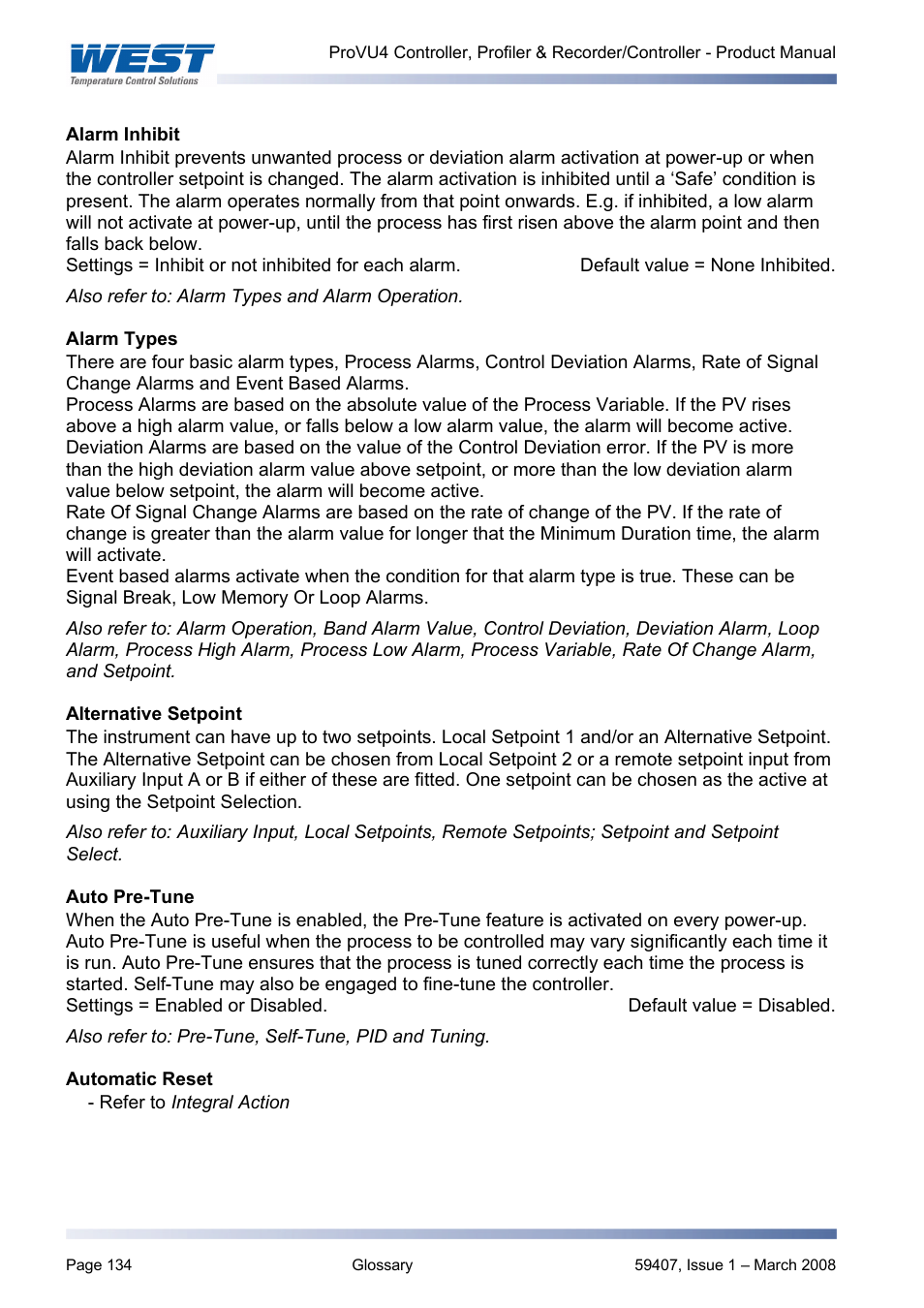 Alarm inhibit, Alarm types, Alternative setpoint | Auto pre-tune, Automatic reset, Alarm types and | West Control Solutions ProVU 4 User Manual | Page 135 / 184