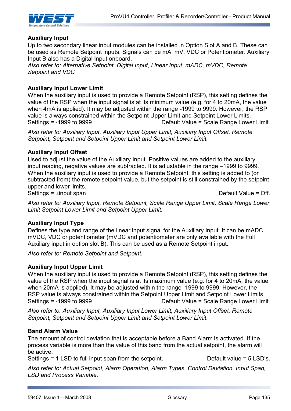 Auxiliary input, Auxiliary input lower limit, Auxiliary input offset | Auxiliary input type, Auxiliary input upper limit, Band alarm value | West Control Solutions ProVU 4 User Manual | Page 136 / 184
