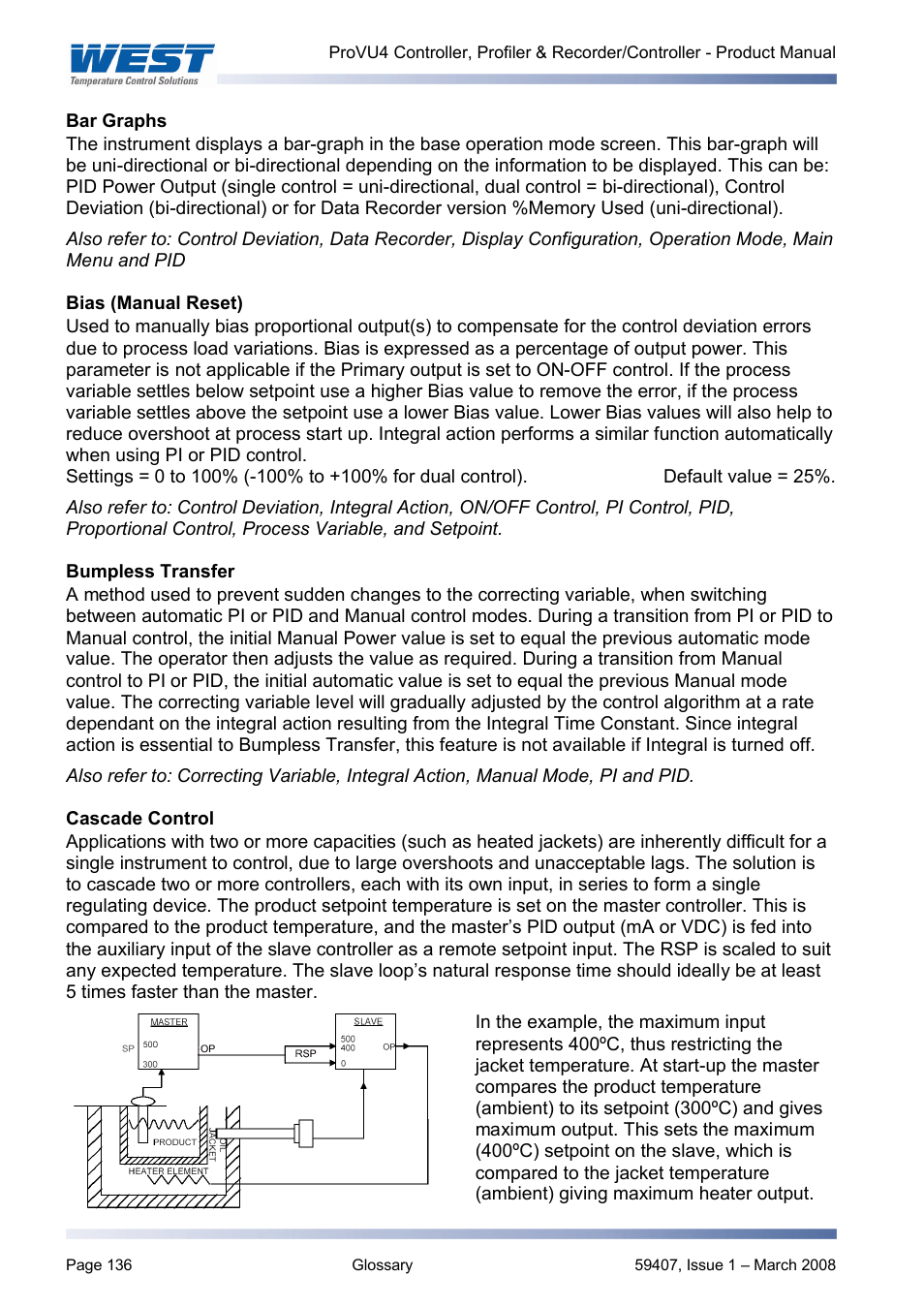 Bar graphs, Bias (manual reset), Bumpless transfer | Cascade control | West Control Solutions ProVU 4 User Manual | Page 137 / 184