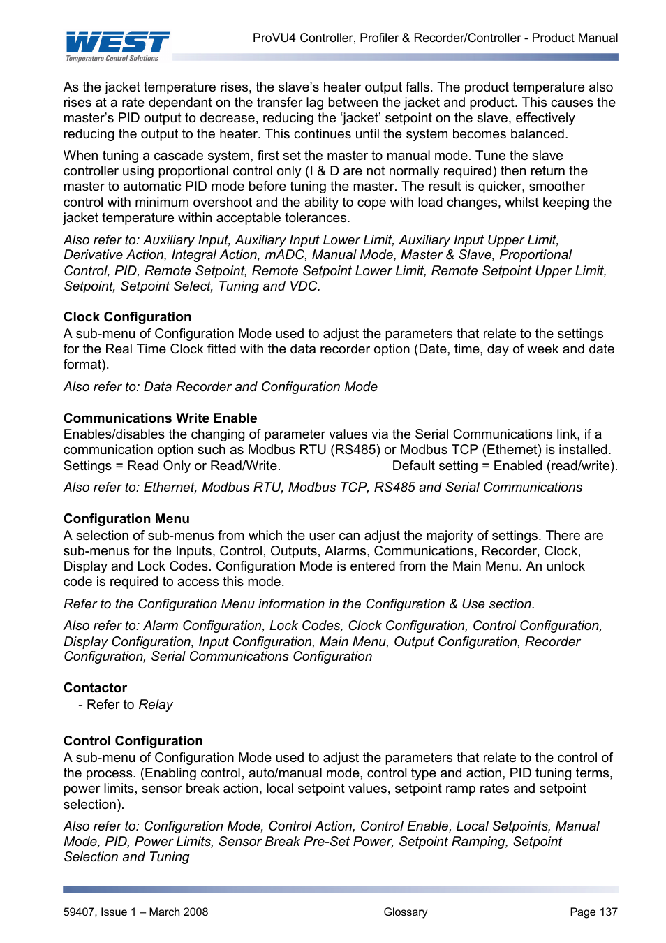 Clock configuration, Communications write enable, Configuration menu | Contactor, Control configuration, Configuration mode | West Control Solutions ProVU 4 User Manual | Page 138 / 184