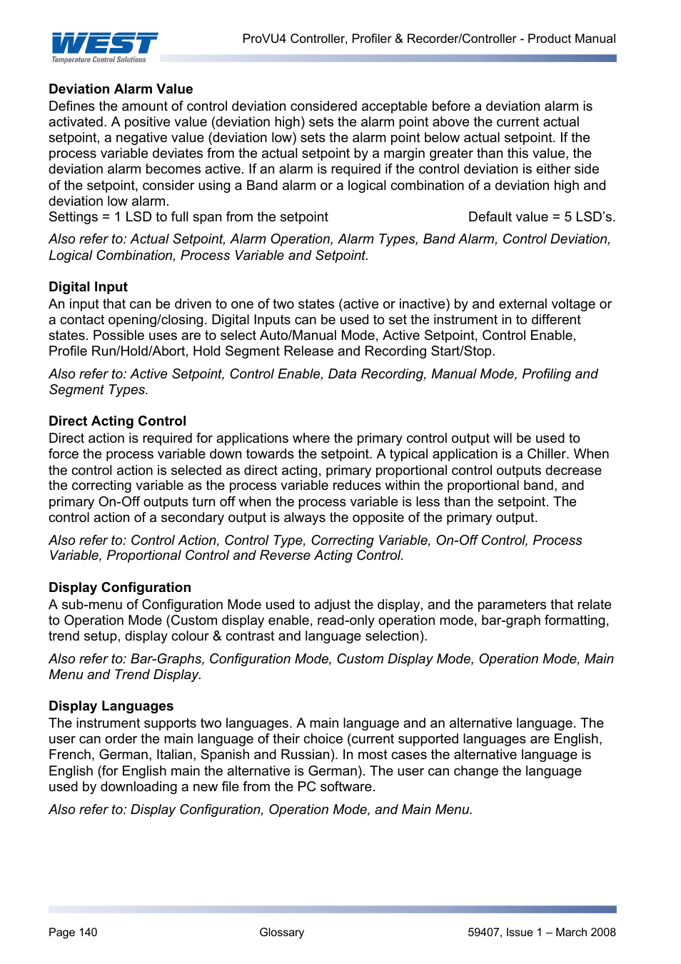 Deviation alarm value, Digital input, Direct acting control | Display configuration, Display languages, Also refer to, Alarm types, Lock codes, Control configuration, Deviation alarm | West Control Solutions ProVU 4 User Manual | Page 141 / 184