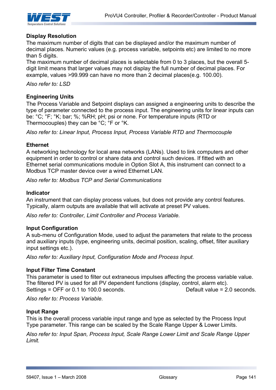 Display resolution, Engineering units, Ethernet | Indicator, Input configuration, Input filter time constant, Input range, Also refer to: ethernet | West Control Solutions ProVU 4 User Manual | Page 142 / 184
