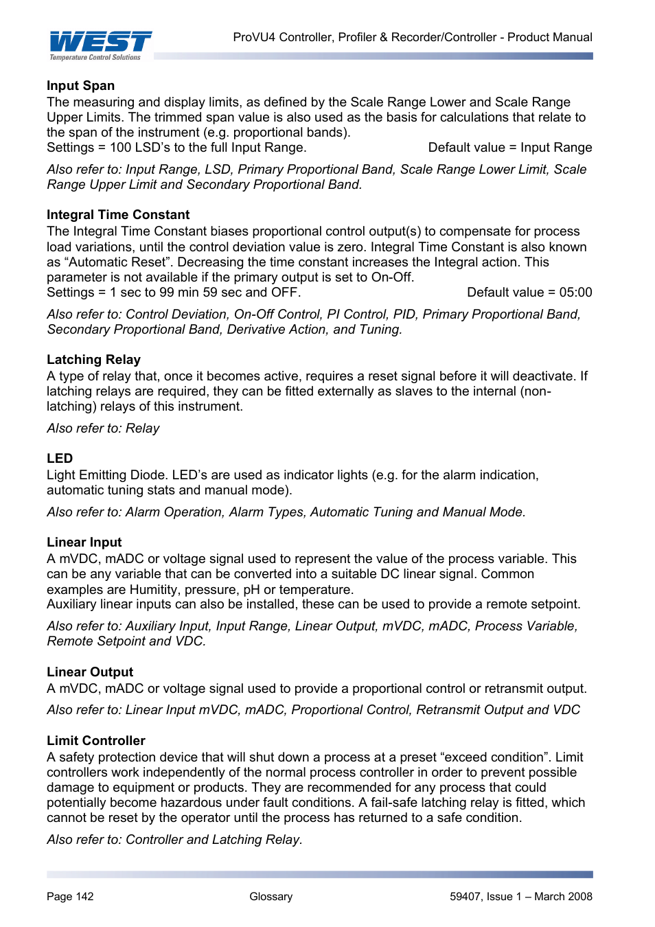 Input span, Integral time constant, Latching relay | Linear input, Linear output, Limit controller, The input span, Span, Integral action, Also refer to: linear input | West Control Solutions ProVU 4 User Manual | Page 143 / 184