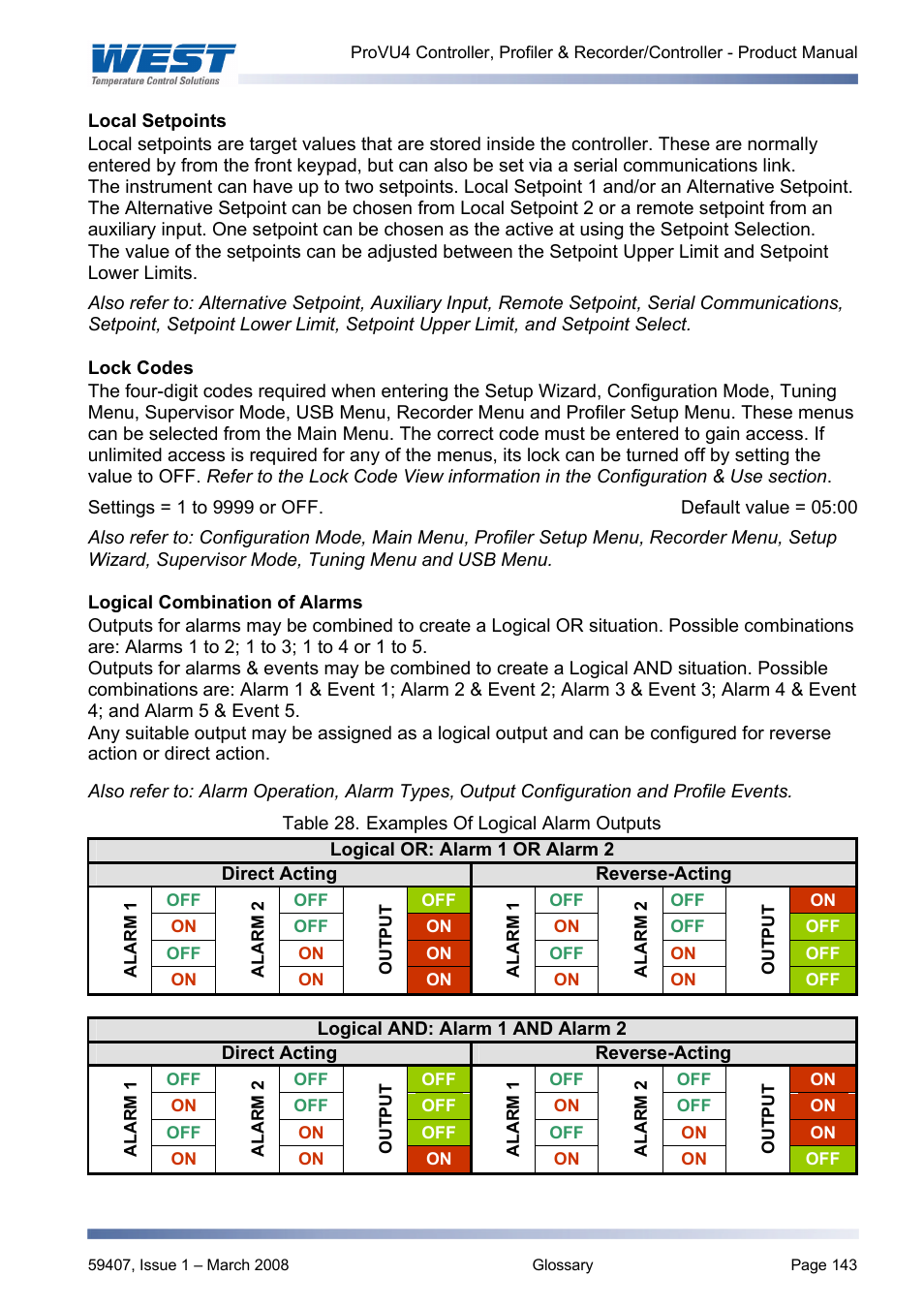 Local setpoints, Lock codes, Logical combination of alarms | Logical alarm combinations | West Control Solutions ProVU 4 User Manual | Page 144 / 184