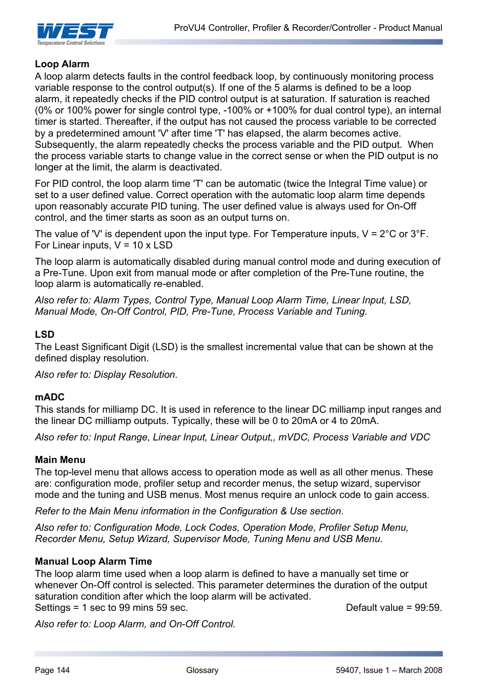 Loop alarm, Madc, Main menu | Manual loop alarm time, Lsd to full, Also refer to: alarm ope, Band alarm value, Deviation alarm, Lsd to full input span from the, Lsd’s | West Control Solutions ProVU 4 User Manual | Page 145 / 184