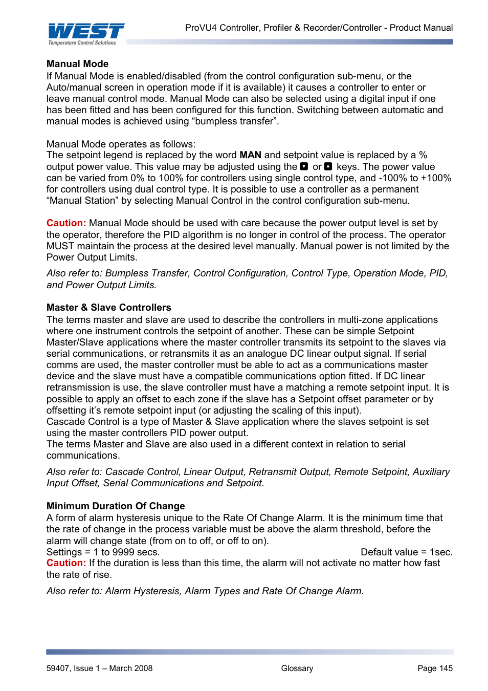 Manual mode, Master & slave controllers, Minimum duration of change | Also refer to, Master & slave, Control enable, local setpoints, manual | West Control Solutions ProVU 4 User Manual | Page 146 / 184