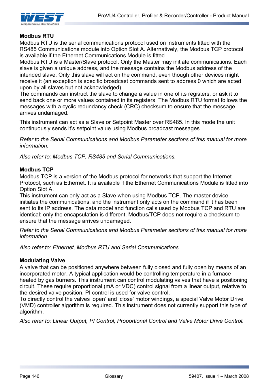 Modbus rtu, Modbus tcp, Modulating valve | Also refer to: modbus tcp and | West Control Solutions ProVU 4 User Manual | Page 147 / 184
