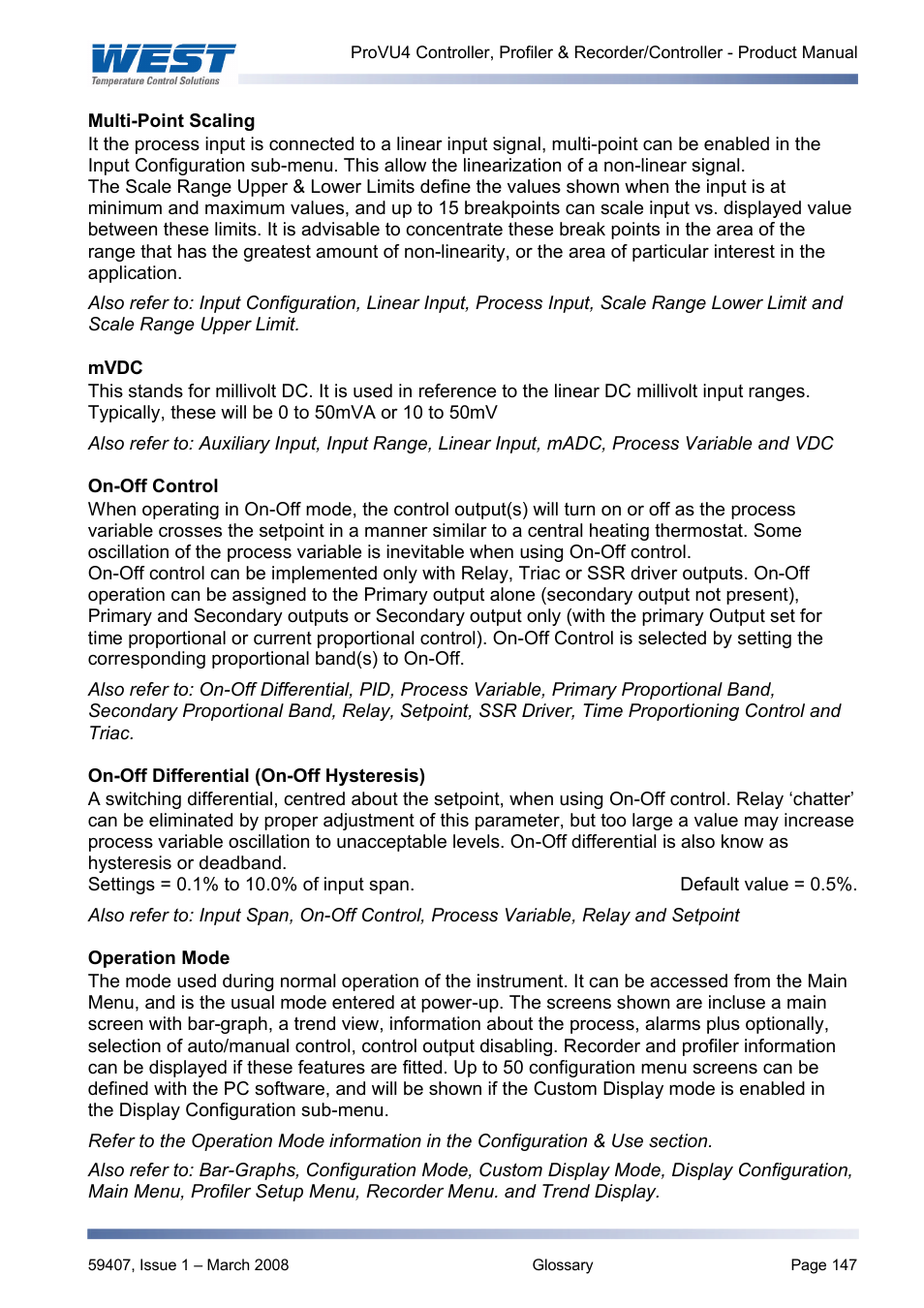 Multi-point scaling, Mvdc, On-off control | On-off differential (on-off hysteresis), Operation mode, The controller can be programmed for on-off, On/off control, Off control, And operation mode | West Control Solutions ProVU 4 User Manual | Page 148 / 184