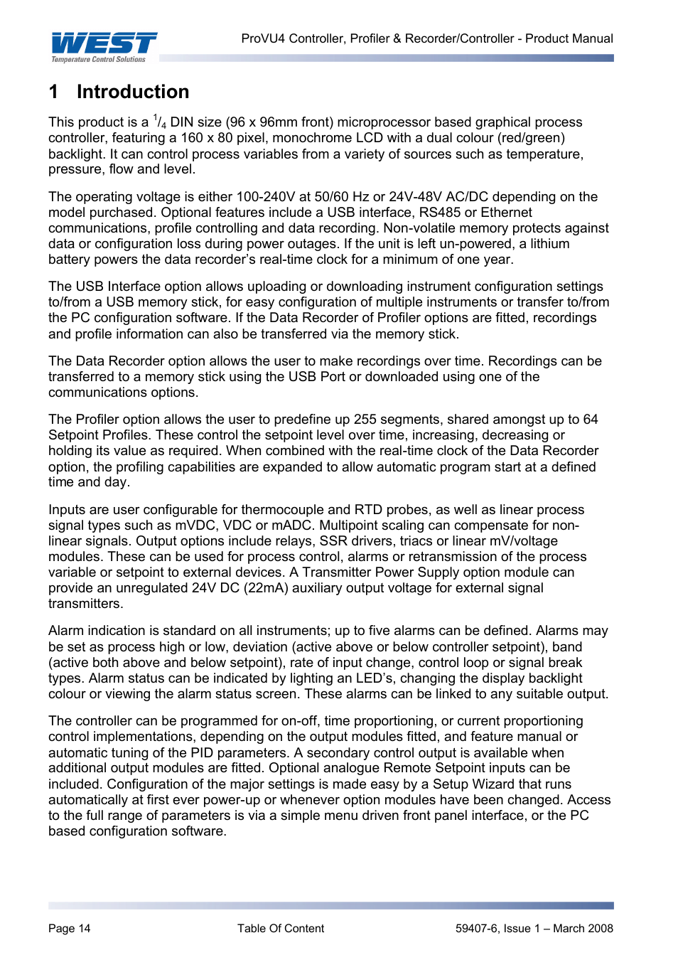 Introduction, 1 introduction | West Control Solutions ProVU 4 User Manual | Page 15 / 184