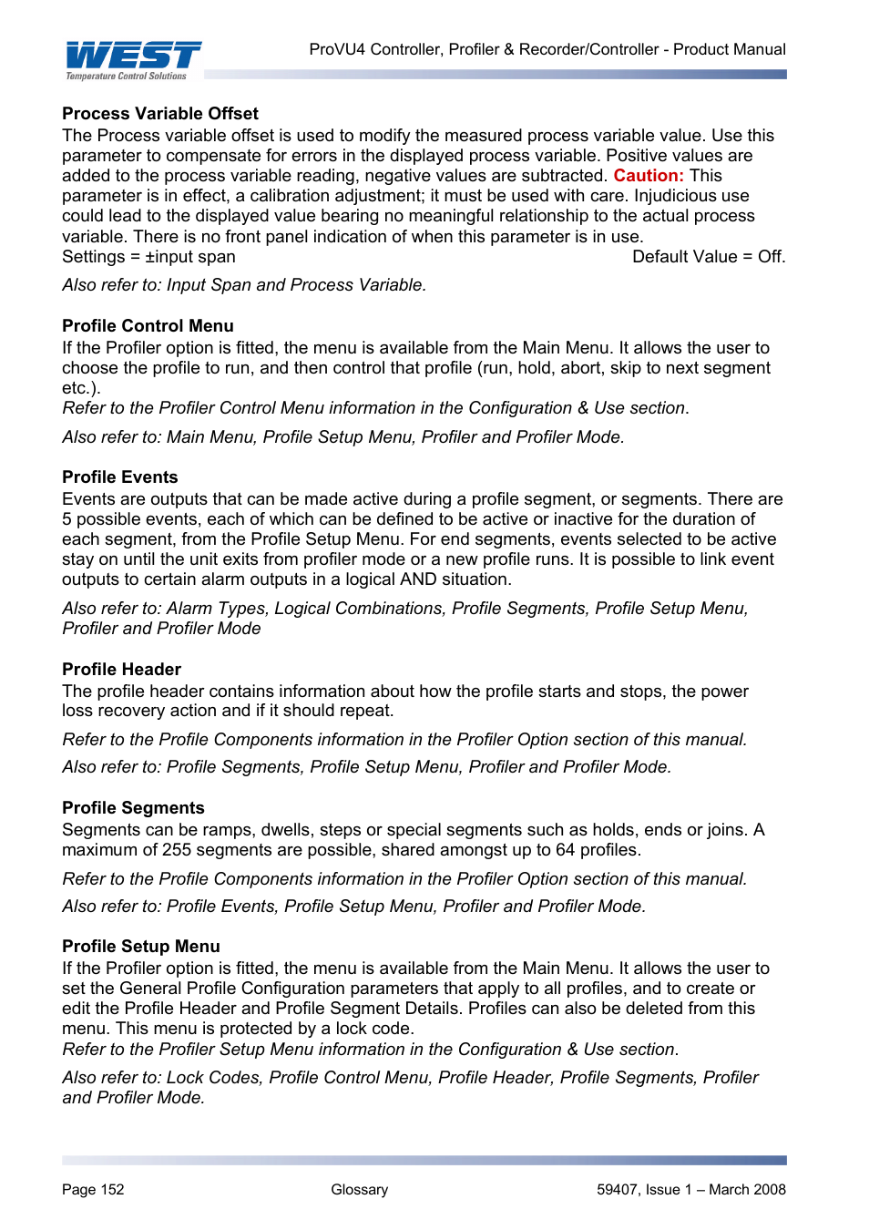 Process variable offset, Profile control menu, Profile events | Profile header, Profile segments, Profile setup menu, Profiler setup menu, And profile events | West Control Solutions ProVU 4 User Manual | Page 153 / 184