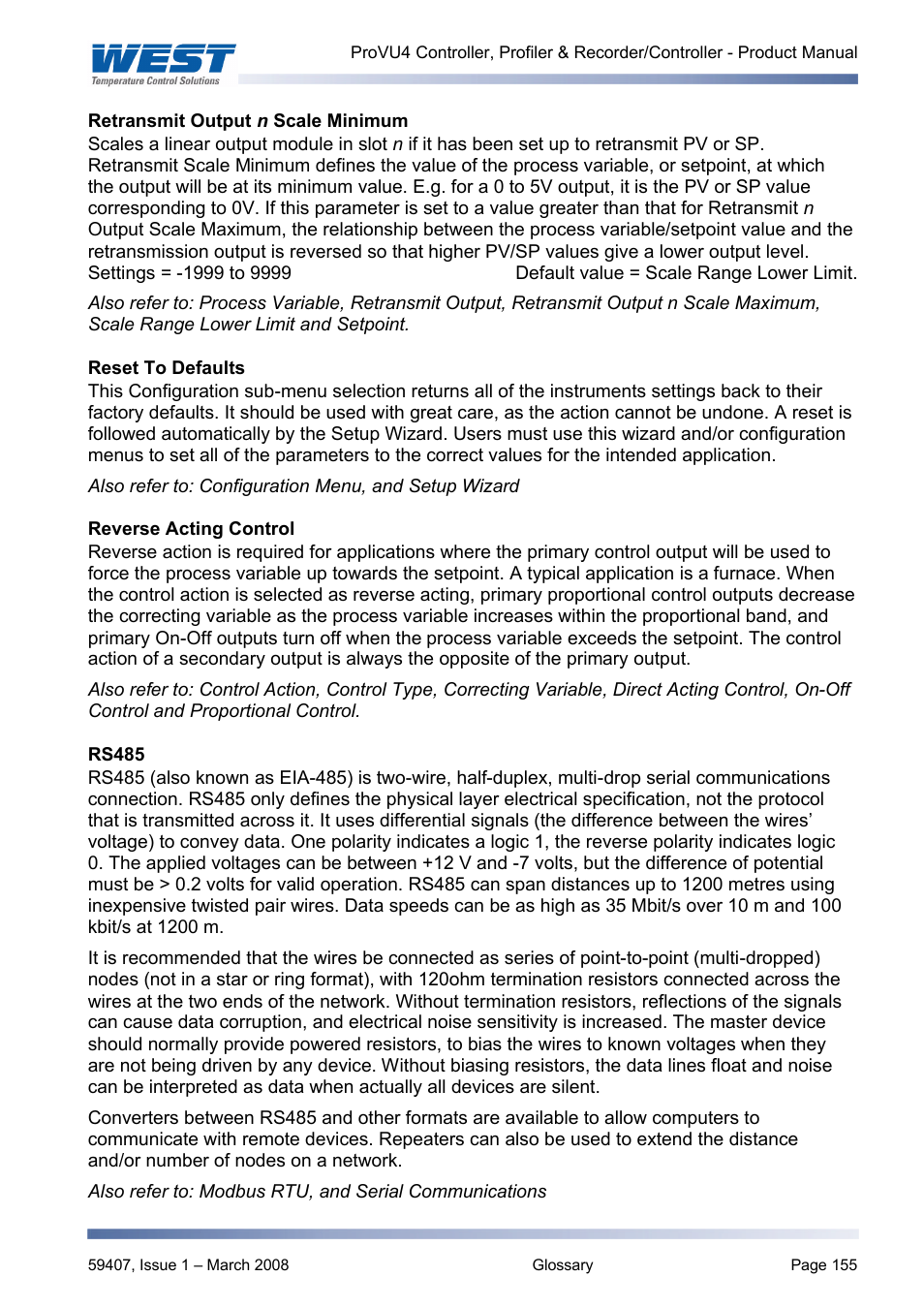 Retransmit output n scale minimum, Reset to defaults, Reverse acting control | Rs485, Also refer to: control type, Correcting variable, Direct acting control, Rs485 and | West Control Solutions ProVU 4 User Manual | Page 156 / 184