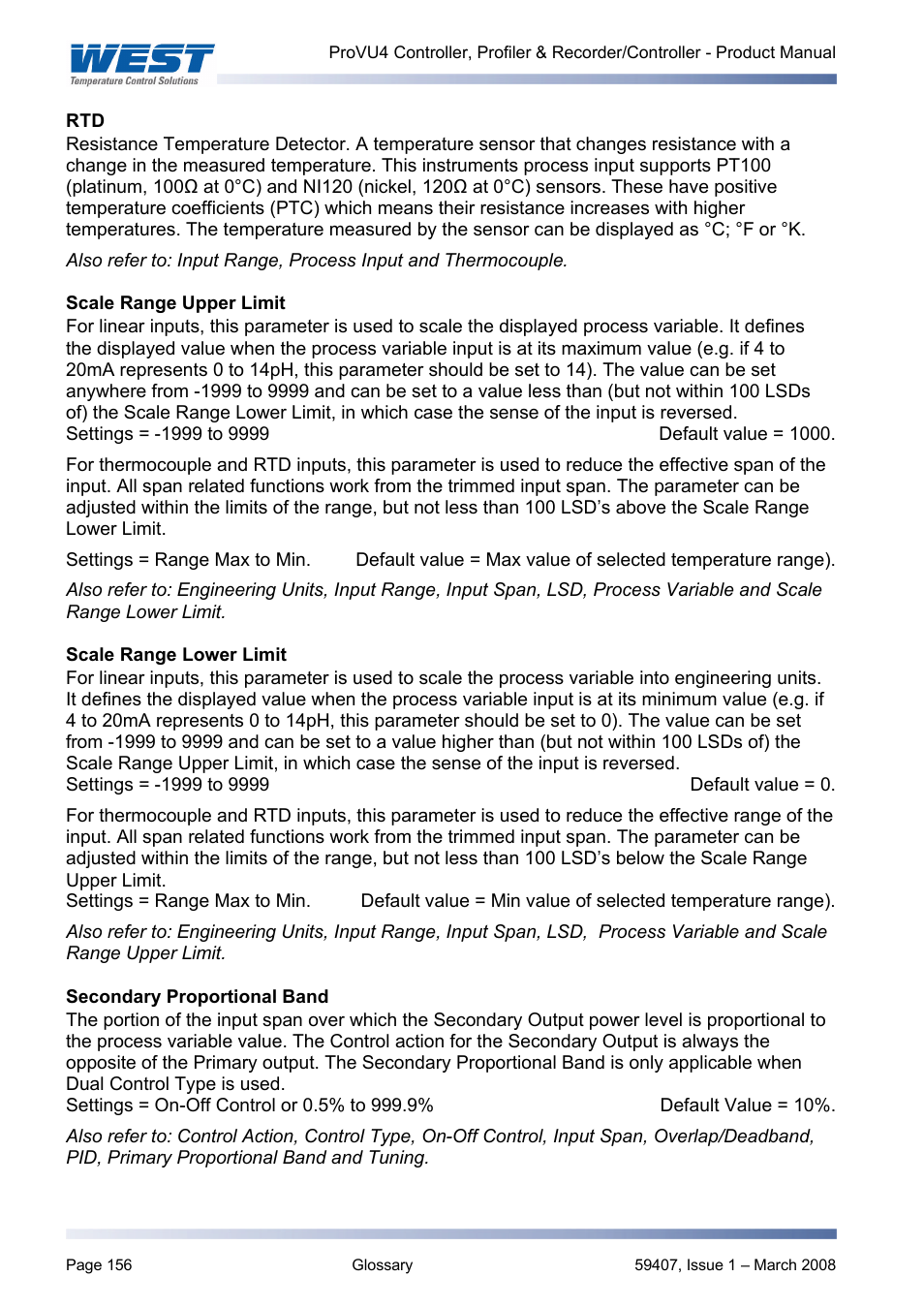 Scale range upper limit, Scale range lower limit, Secondary proportional band | Check that the setpoint upper limit and, Also refer to, Scale range upper limit, scale range lower, Primary proportional band, Scale range lower limit and | West Control Solutions ProVU 4 User Manual | Page 157 / 184