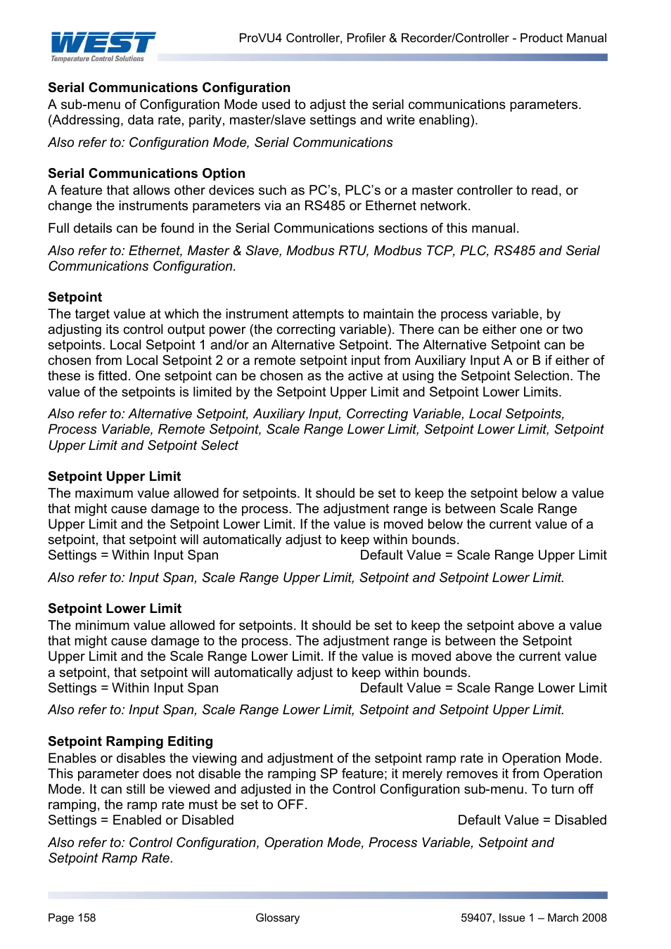 Serial communications configuration, Serial communications option, Setpoint | Setpoint upper limit, Setpoint lower limit, Setpoint ramping editing, Setpoint overshoot at start, Setpoint. this will be different to the, From the setpoint, Setpoint and | West Control Solutions ProVU 4 User Manual | Page 159 / 184