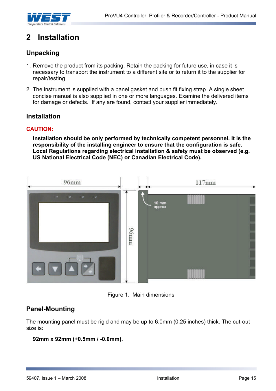 Installation, Unpacking, Panel-mounting | 2 installation | West Control Solutions ProVU 4 User Manual | Page 16 / 184