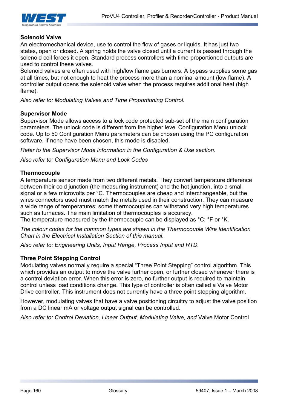 Solenoid valve, Supervisor mode, Thermocouple | Three point stepping control, And thermocouple | West Control Solutions ProVU 4 User Manual | Page 161 / 184