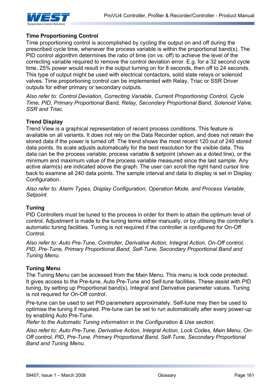 Time proportioning control, Trend display, Tuning | Tuning menu, Time proportioning, or, Tuned correctly each time the process is, Tuning and, And time proportional control, And time proportioning, Time proportioning control and | West Control Solutions ProVU 4 User Manual | Page 162 / 184