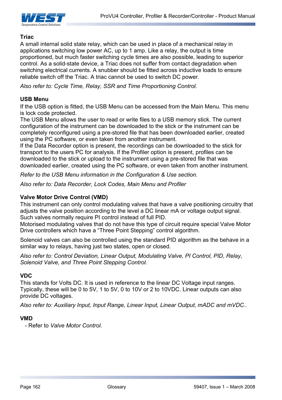 Triac, Usb menu, Valve motor drive control (vmd) | And vdc, Valve motor drive control, Valve motor control | West Control Solutions ProVU 4 User Manual | Page 163 / 184