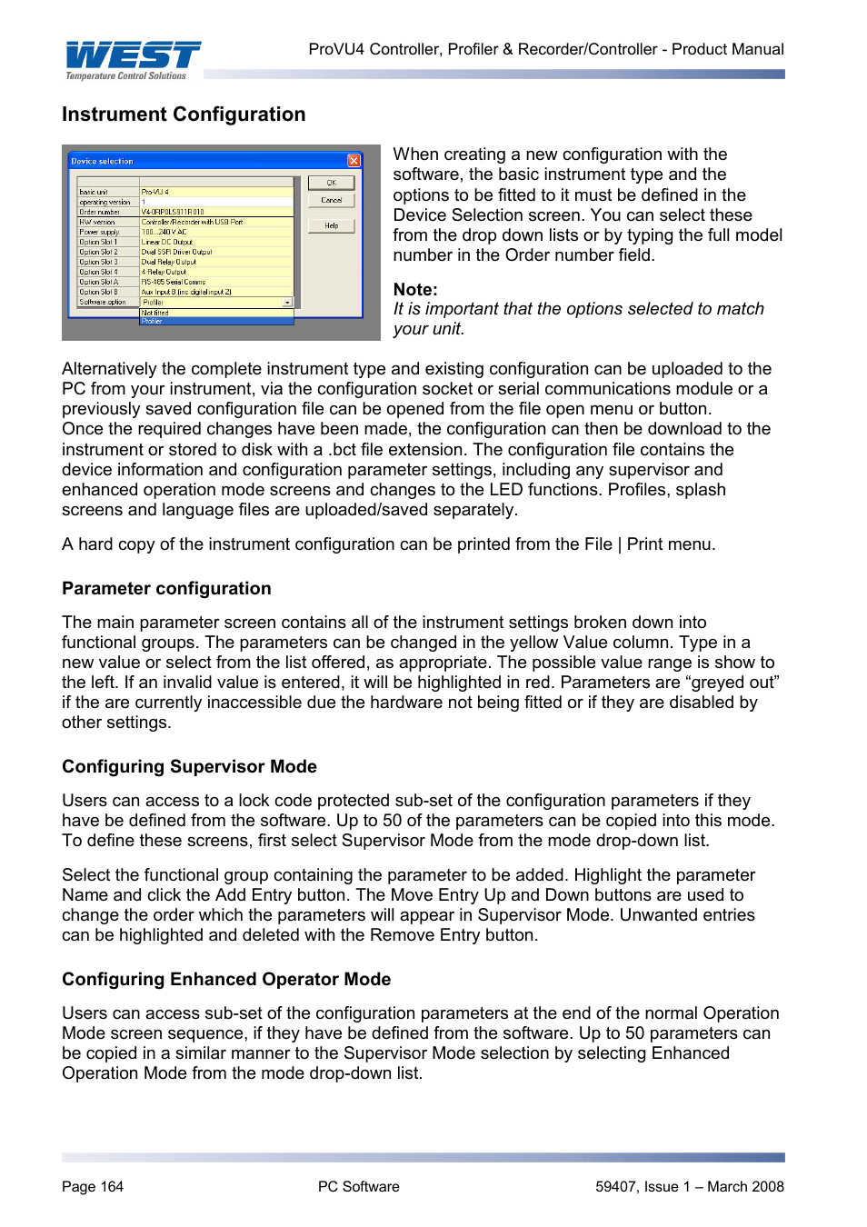 Instrument configuration, Configuring supervisor mode, Configuring enhanced operator mode | West Control Solutions ProVU 4 User Manual | Page 165 / 184