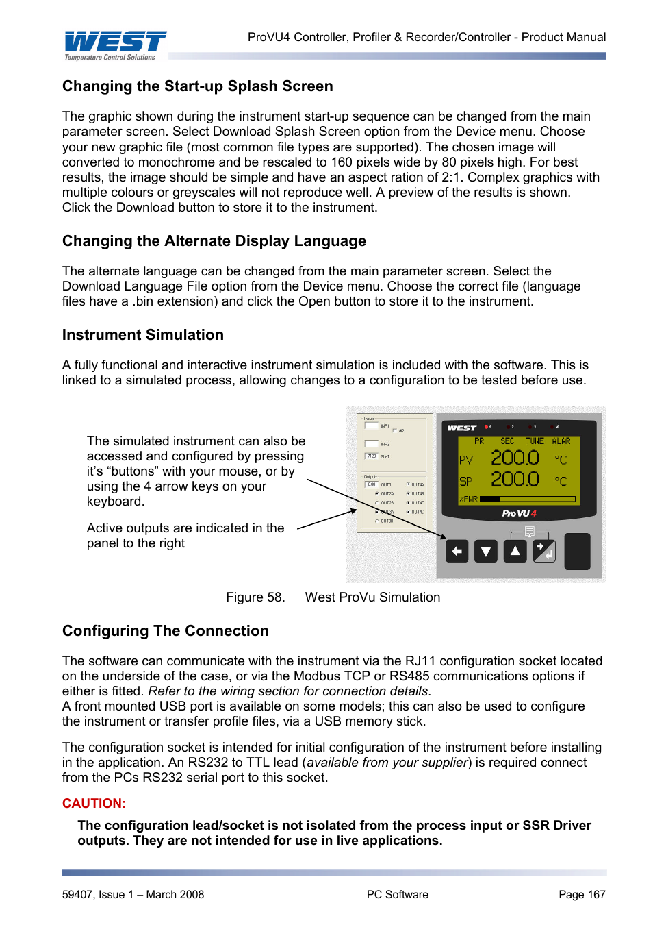 Changing the start-up splash screen, Changing the alternate display language, Instrument simulation | Configuring the connection | West Control Solutions ProVU 4 User Manual | Page 168 / 184