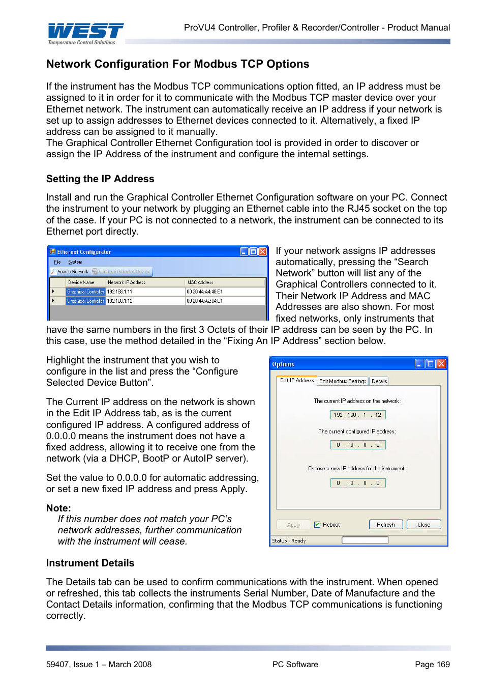 Network configuration for modbus tcp options, Instrument details | West Control Solutions ProVU 4 User Manual | Page 170 / 184