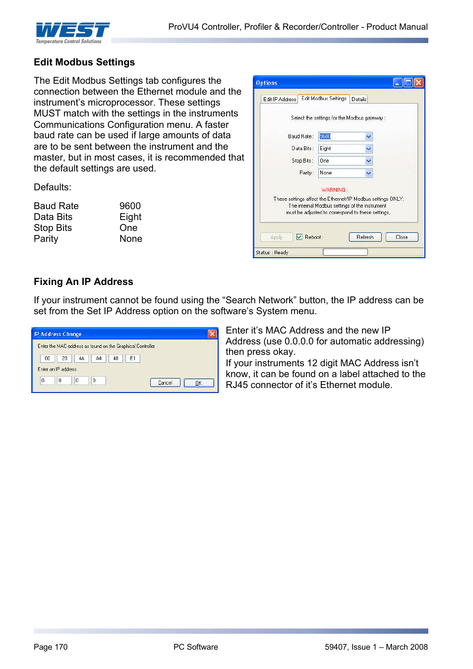 Edit modbus settings, Fixing an ip address | West Control Solutions ProVU 4 User Manual | Page 171 / 184