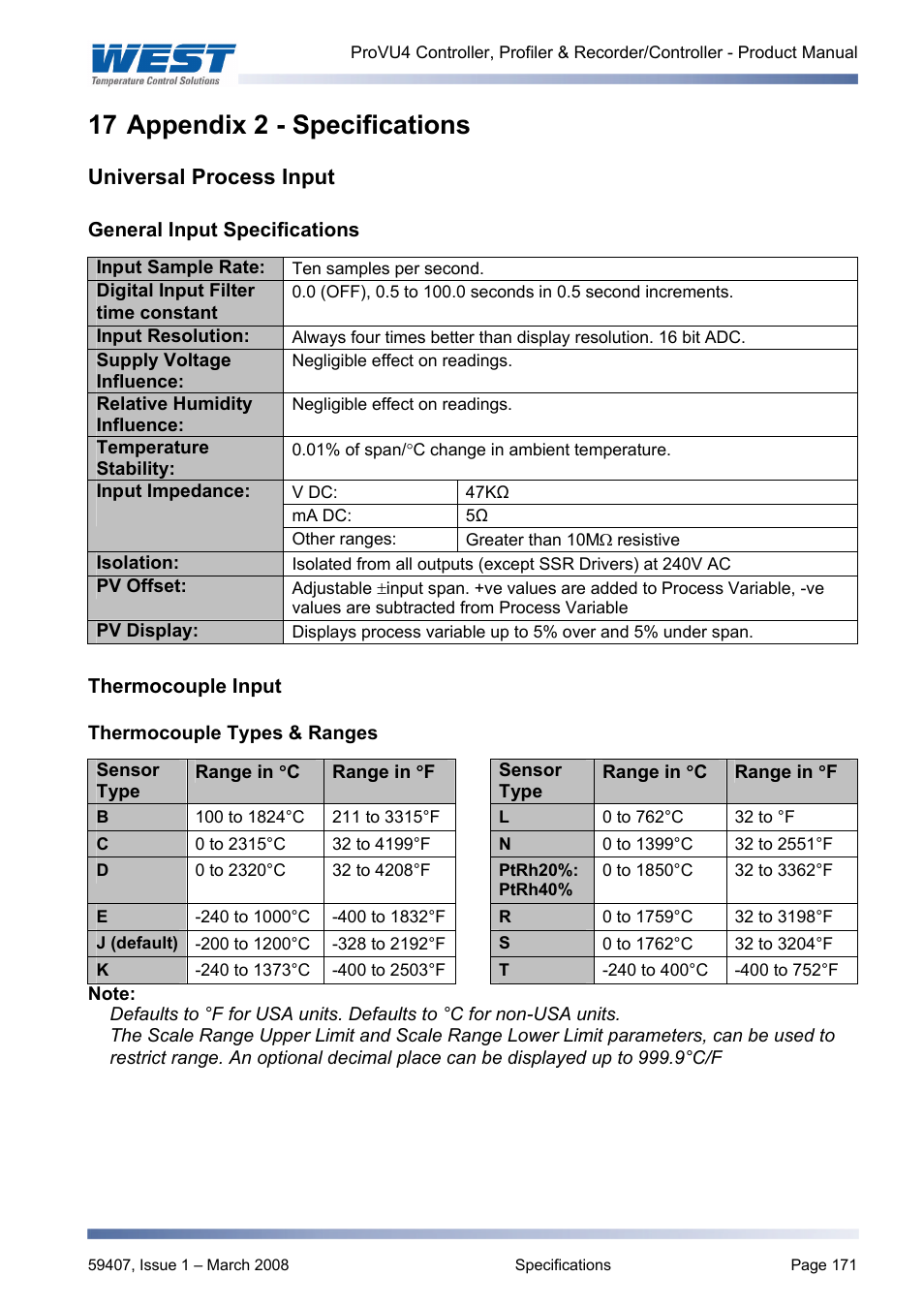 Appendix 2 - specifications, Universal process input, General input specifications | Thermocouple input, Thermocouple types & ranges, Specifications, 17 appendix 2 - specifications | West Control Solutions ProVU 4 User Manual | Page 172 / 184