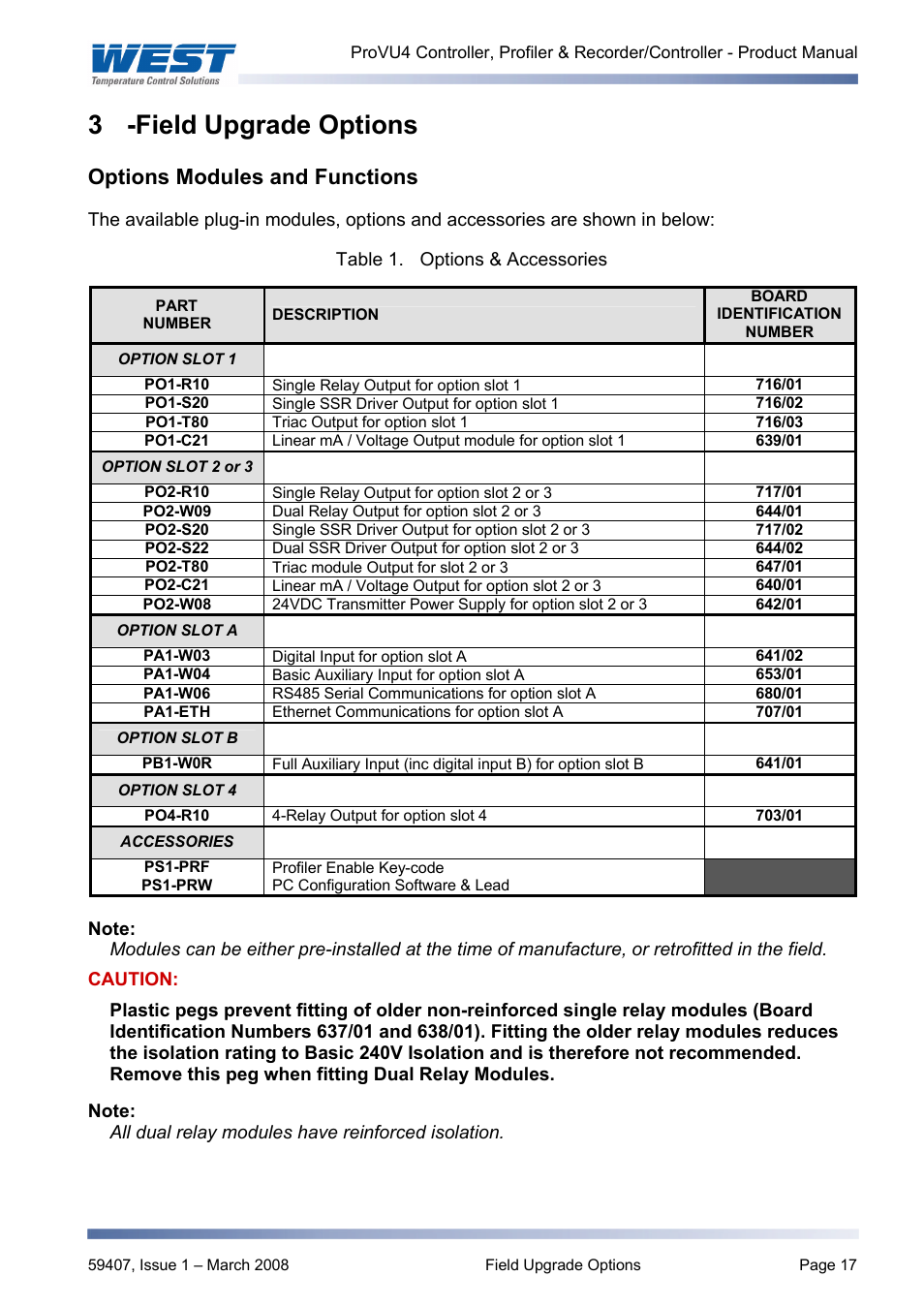 Field upgrade options, Options modules and functions, 3 -field upgrade options | West Control Solutions ProVU 4 User Manual | Page 18 / 184