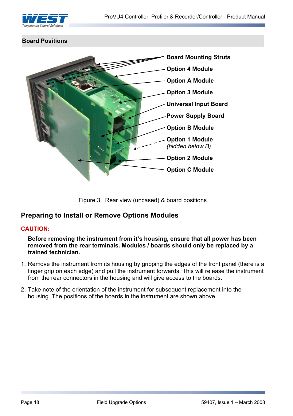 Preparing to install or remove options modules | West Control Solutions ProVU 4 User Manual | Page 19 / 184