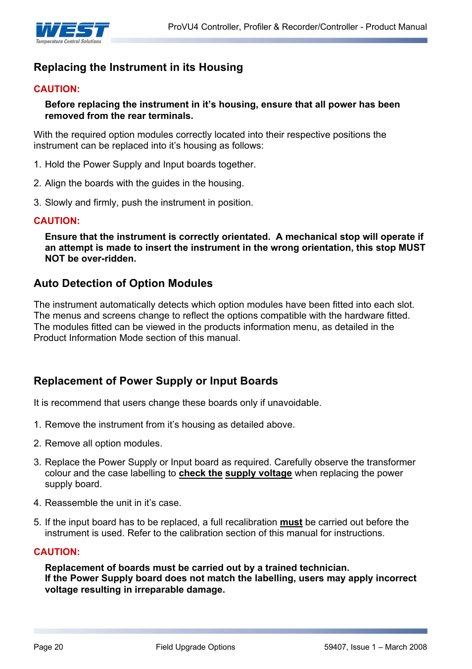 Replacing the instrument in its housing, Auto detection of option modules, Replacement of power supply or input boards | West Control Solutions ProVU 4 User Manual | Page 21 / 184