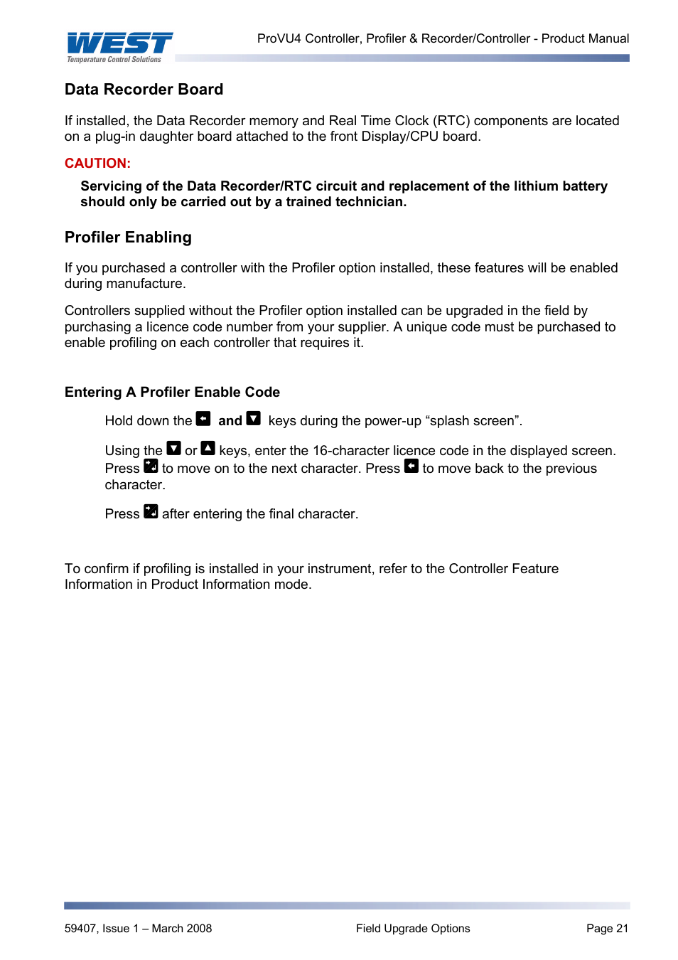 Data recorder board, Profiler enabling | West Control Solutions ProVU 4 User Manual | Page 22 / 184