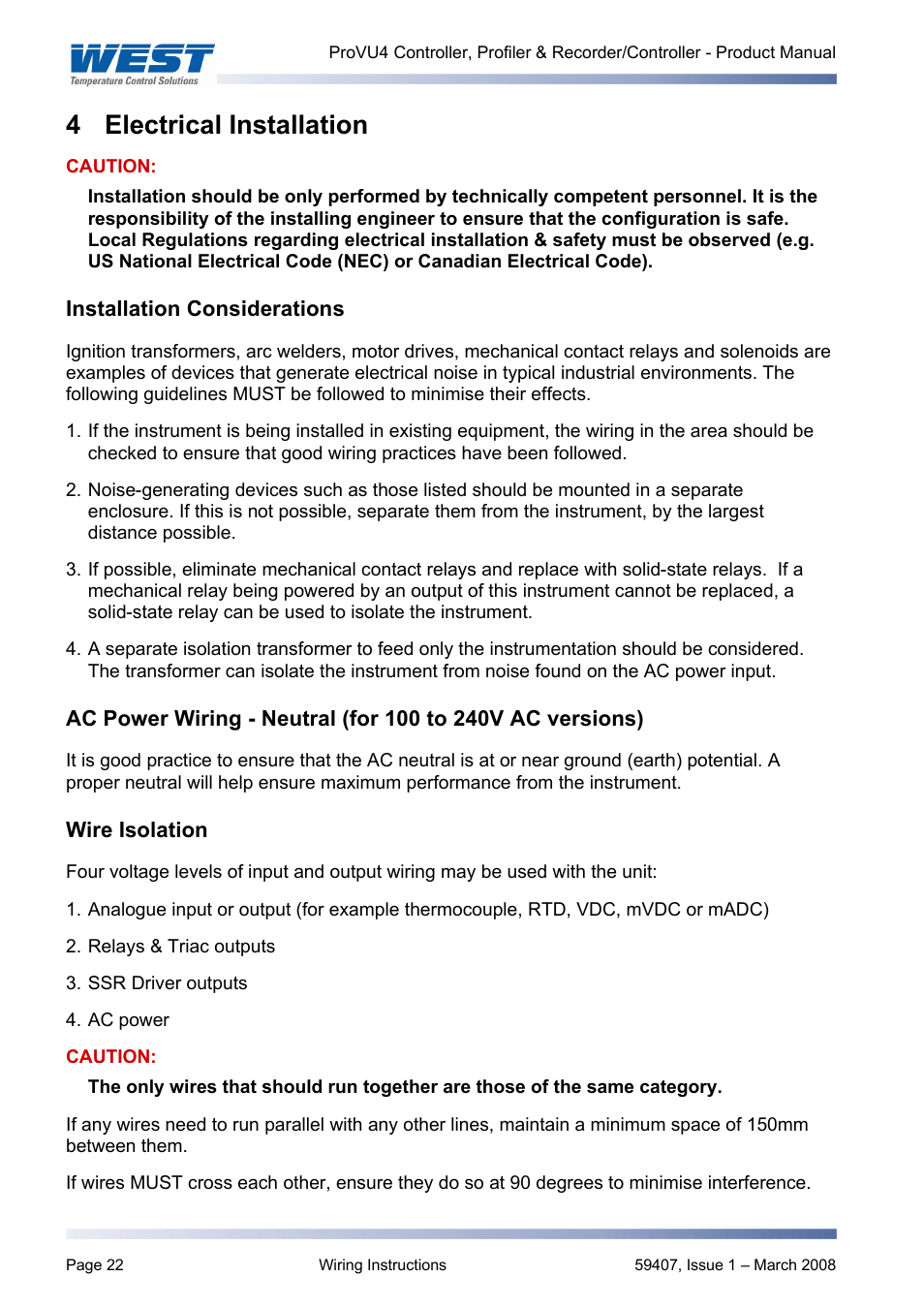 Electrical installation, Installation considerations, Wire isolation | Wiring instructions, 4 electrical installation | West Control Solutions ProVU 4 User Manual | Page 23 / 184