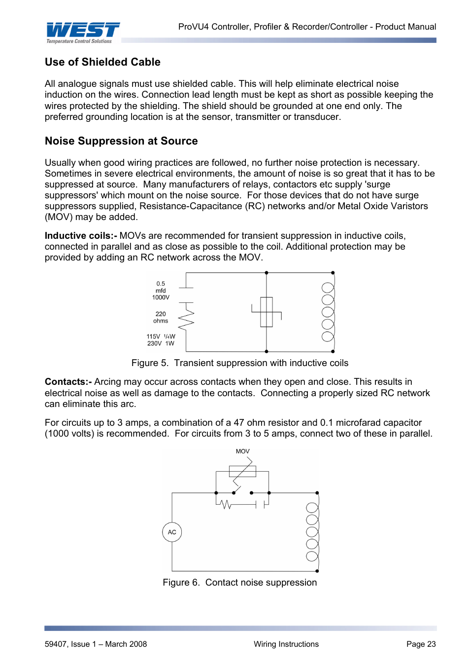 Use of shielded cable, Noise suppression at source | West Control Solutions ProVU 4 User Manual | Page 24 / 184