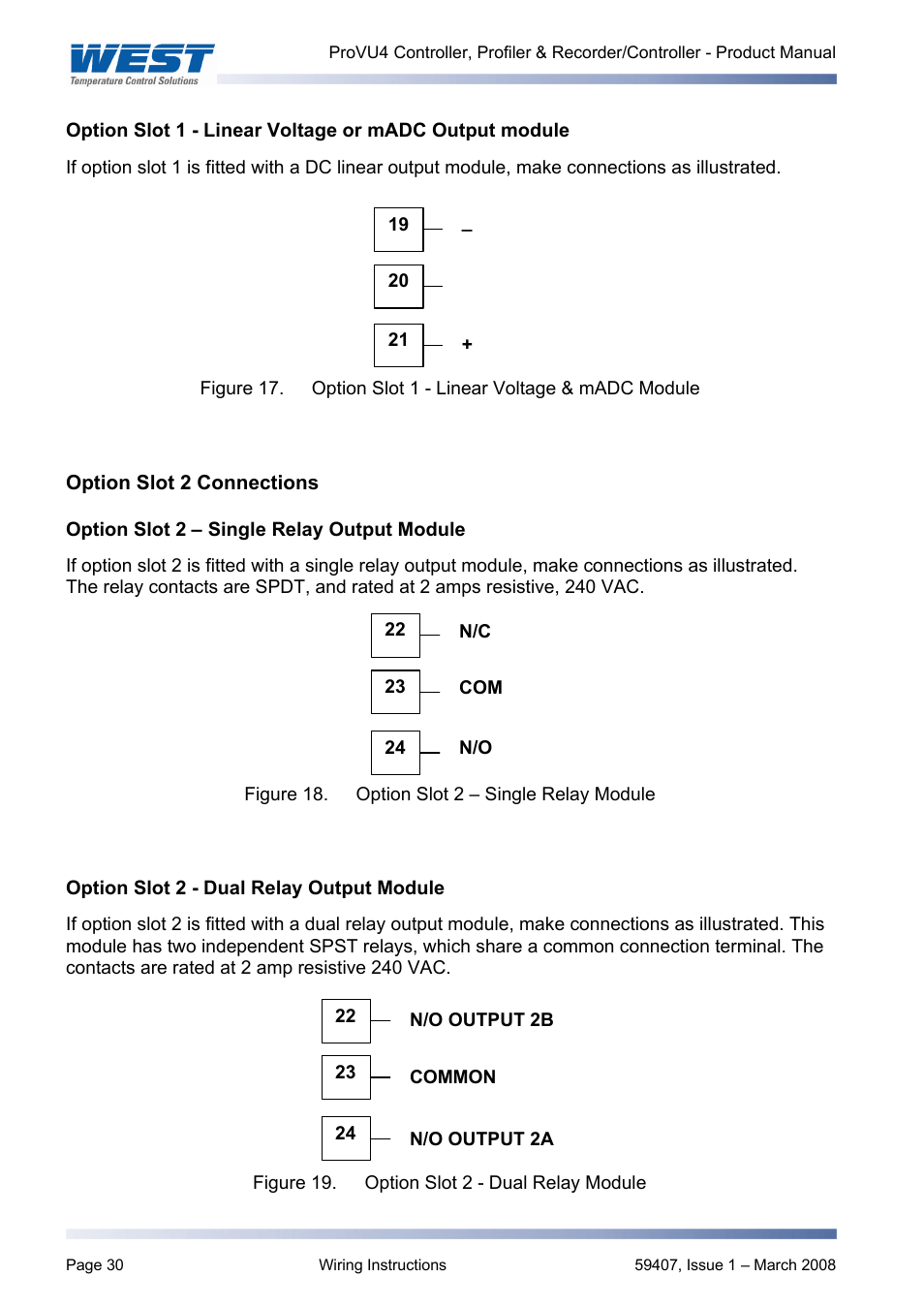 Option slot 2 connections, Option slot 2 – single relay output module, Option slot 2 - dual relay output module | West Control Solutions ProVU 4 User Manual | Page 31 / 184