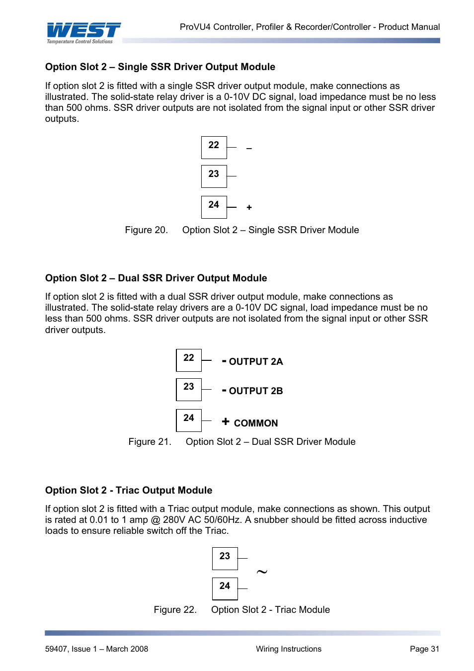 Option slot 2 – single ssr driver output module, Option slot 2 – dual ssr driver output module, Option slot 2 - triac output module | West Control Solutions ProVU 4 User Manual | Page 32 / 184