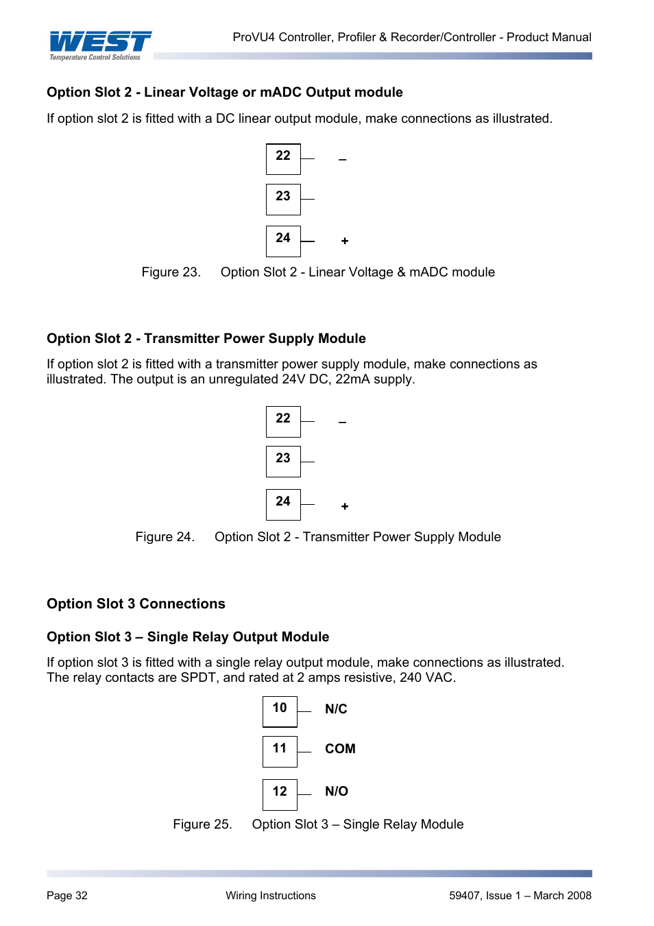 Option slot 2 - transmitter power supply module, Option slot 3 connections, Option slot 3 – single relay output module | West Control Solutions ProVU 4 User Manual | Page 33 / 184