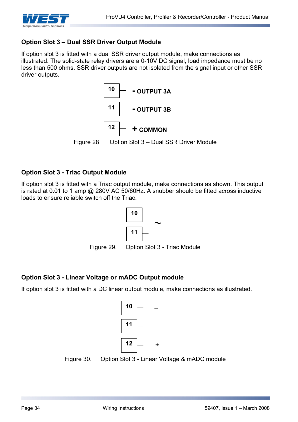 Option slot 3 – dual ssr driver output module, Option slot 3 - triac output module | West Control Solutions ProVU 4 User Manual | Page 35 / 184