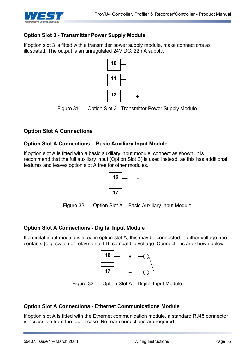 Option slot 3 - transmitter power supply module, Option slot a connections, Option slot a connections - digital input module | West Control Solutions ProVU 4 User Manual | Page 36 / 184