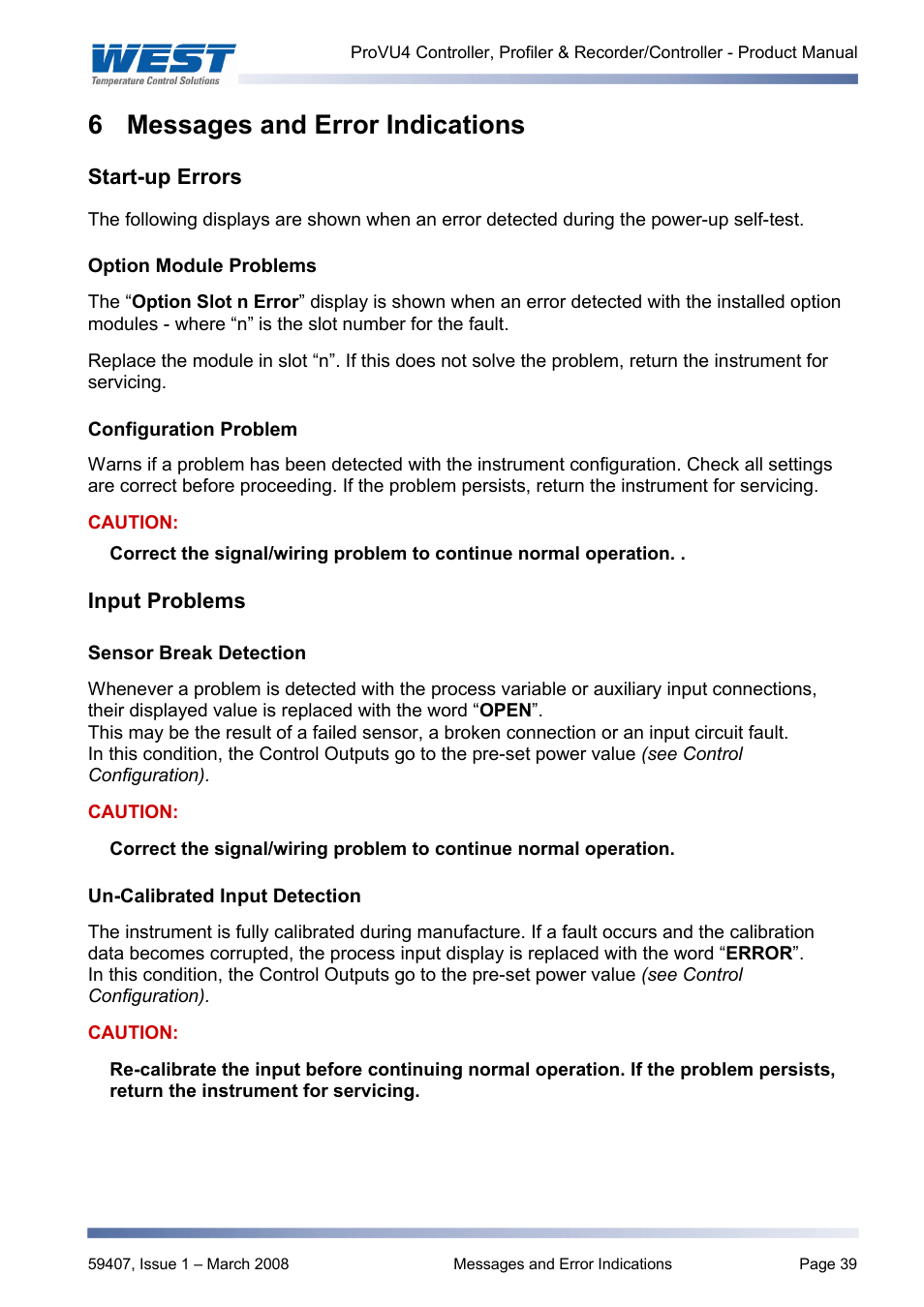 Messages and error indications, Start-up errors, Configuration problem | Input problems, Un-calibrated input detection, 6 messages and error indications | West Control Solutions ProVU 4 User Manual | Page 40 / 184