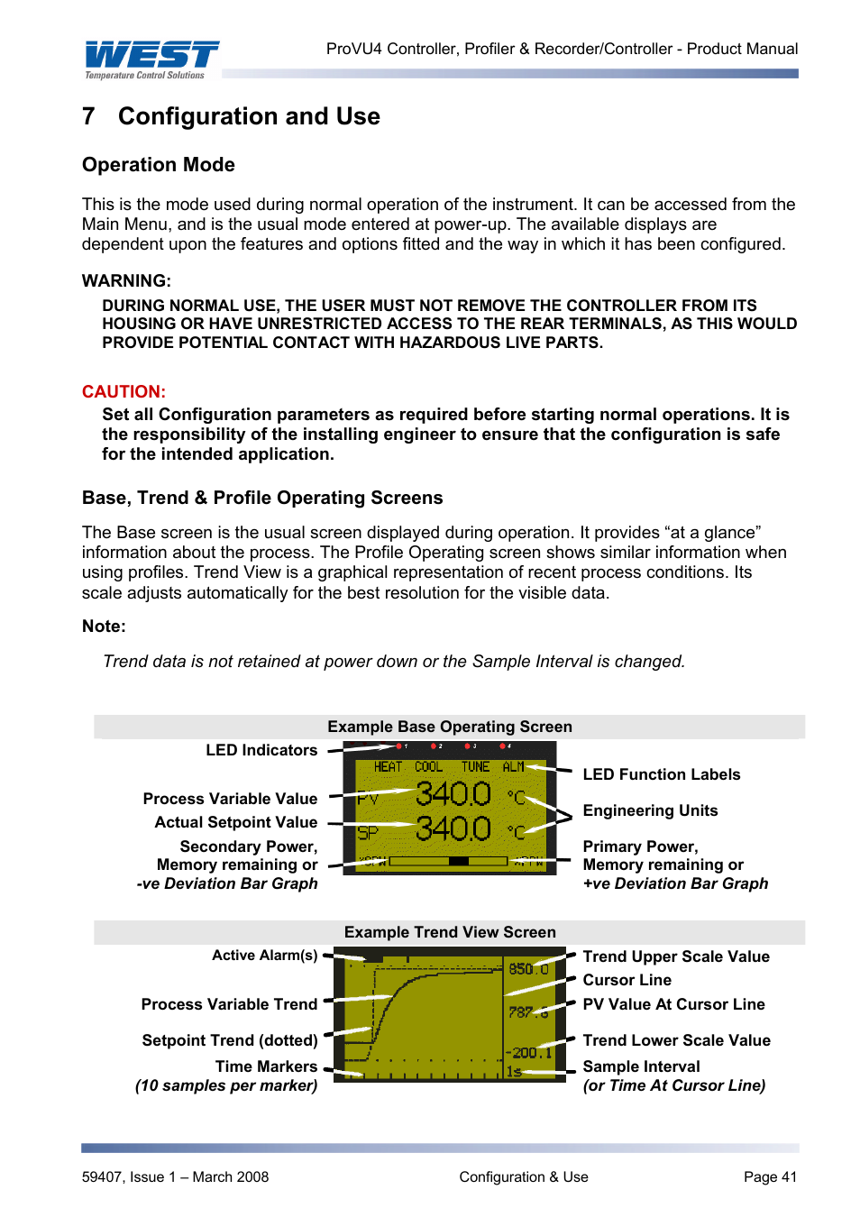 Configuration and use, Operation mode, Base, trend & profile operating screens | 7 configuration and use | West Control Solutions ProVU 4 User Manual | Page 42 / 184