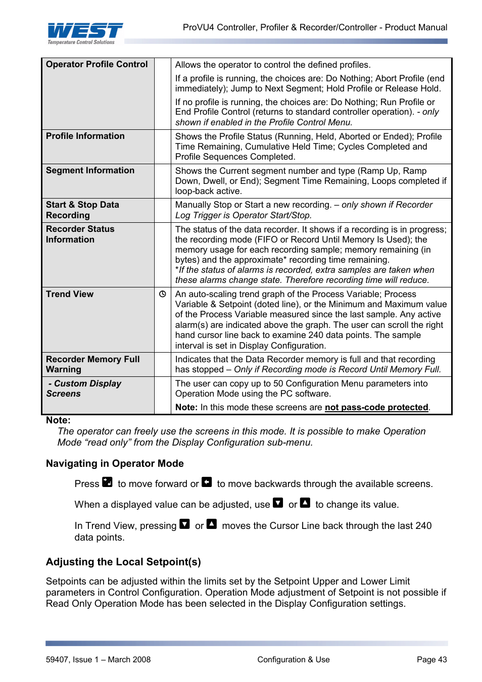 Navigating in operator mode, Adjusting the local setpoints, Adjusting the local setpoint(s) | West Control Solutions ProVU 4 User Manual | Page 44 / 184
