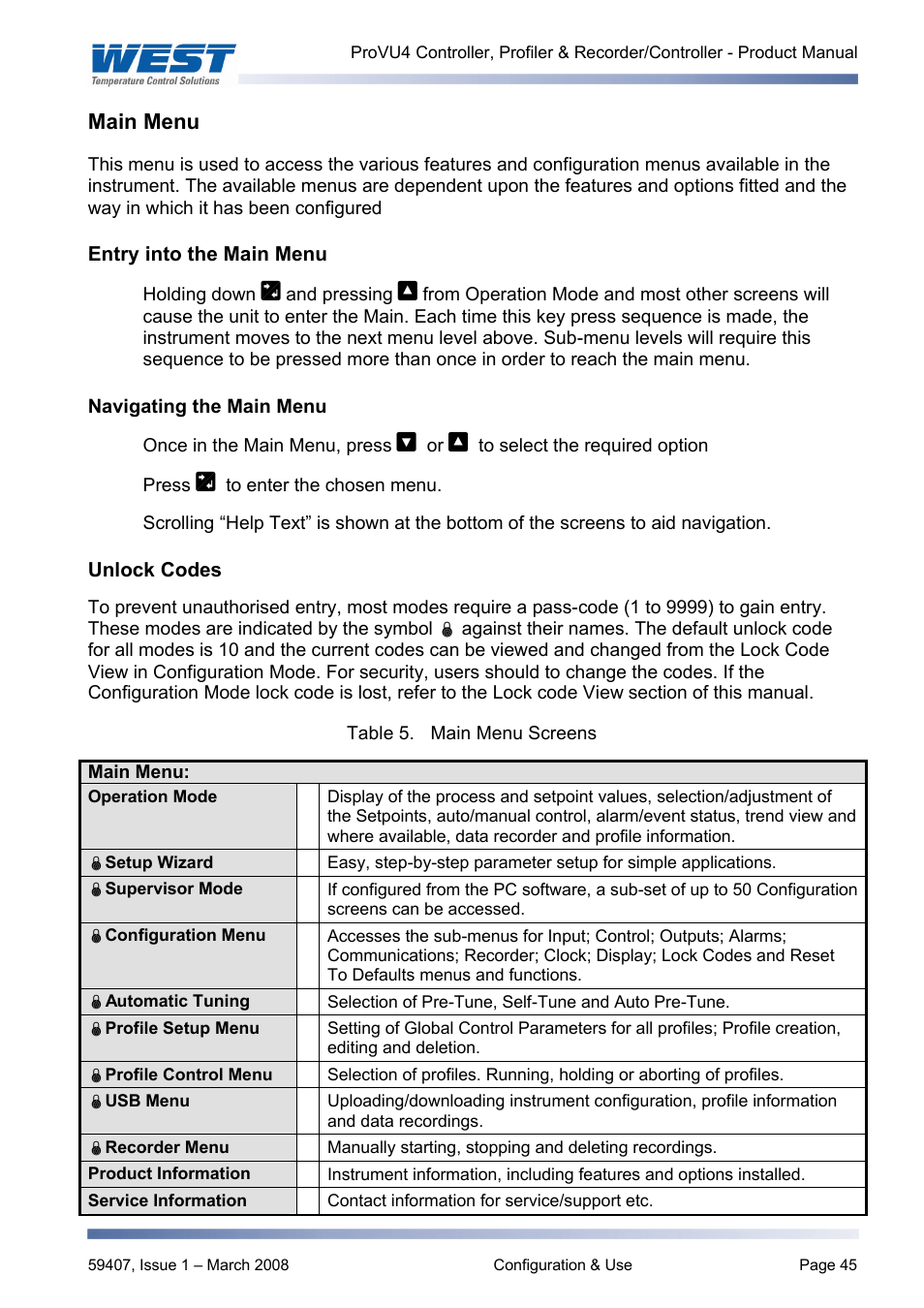 Main menu, Entry into the main menu, Navigating the main menu | Unlock codes | West Control Solutions ProVU 4 User Manual | Page 46 / 184