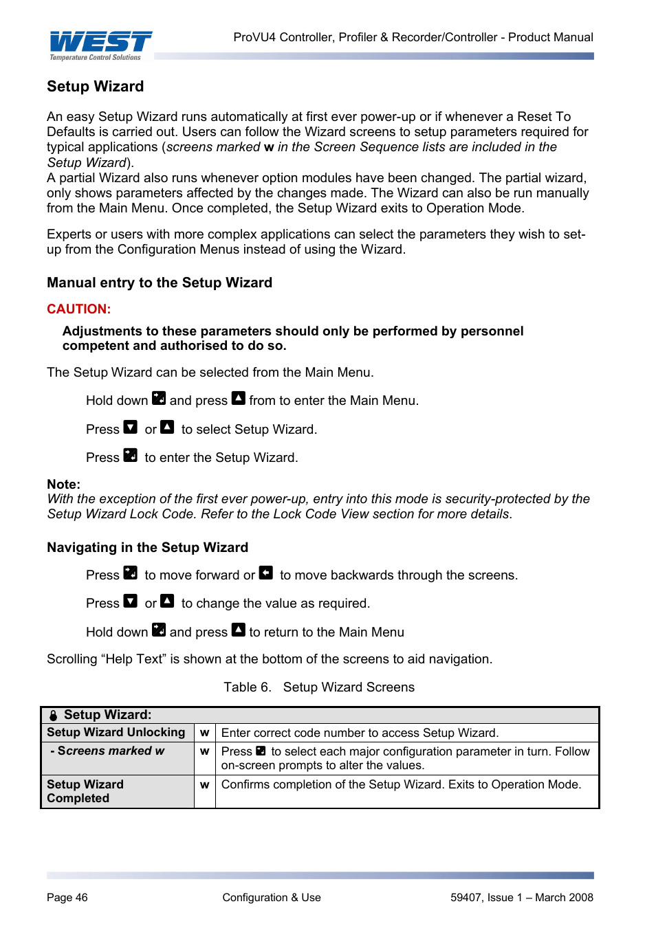 Setup wizard, Manual entry to the setup wizard, Navigating in the setup wizard | West Control Solutions ProVU 4 User Manual | Page 47 / 184